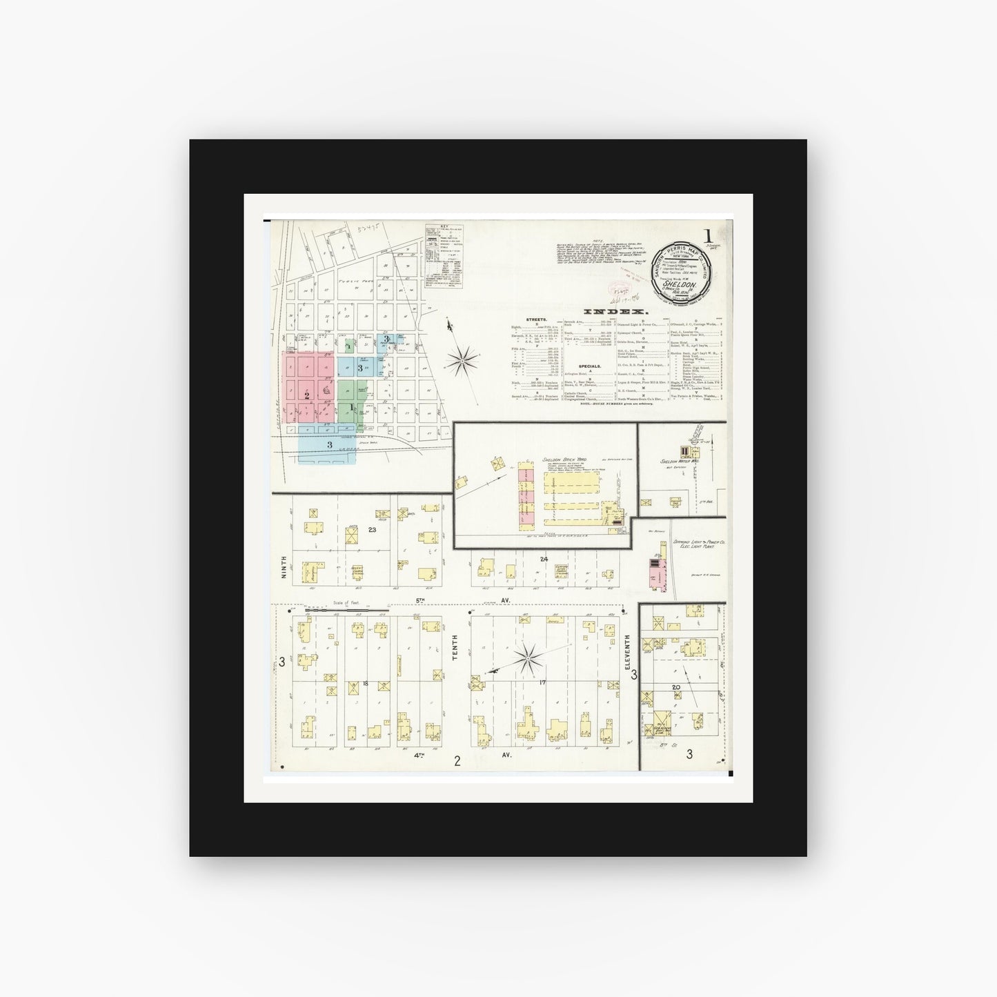 Old map wall art mockup — black gallery frame with white mat — Sanborn Fire Insurance Map from Sheldon, O'Brien County, Iowa (1896), Sheet #0001