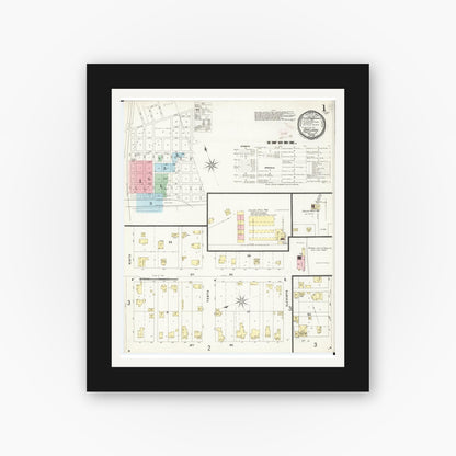 Old map wall art mockup — black gallery frame with white mat — Sanborn Fire Insurance Map from Sheldon, O'Brien County, Iowa (1896), Sheet #0001