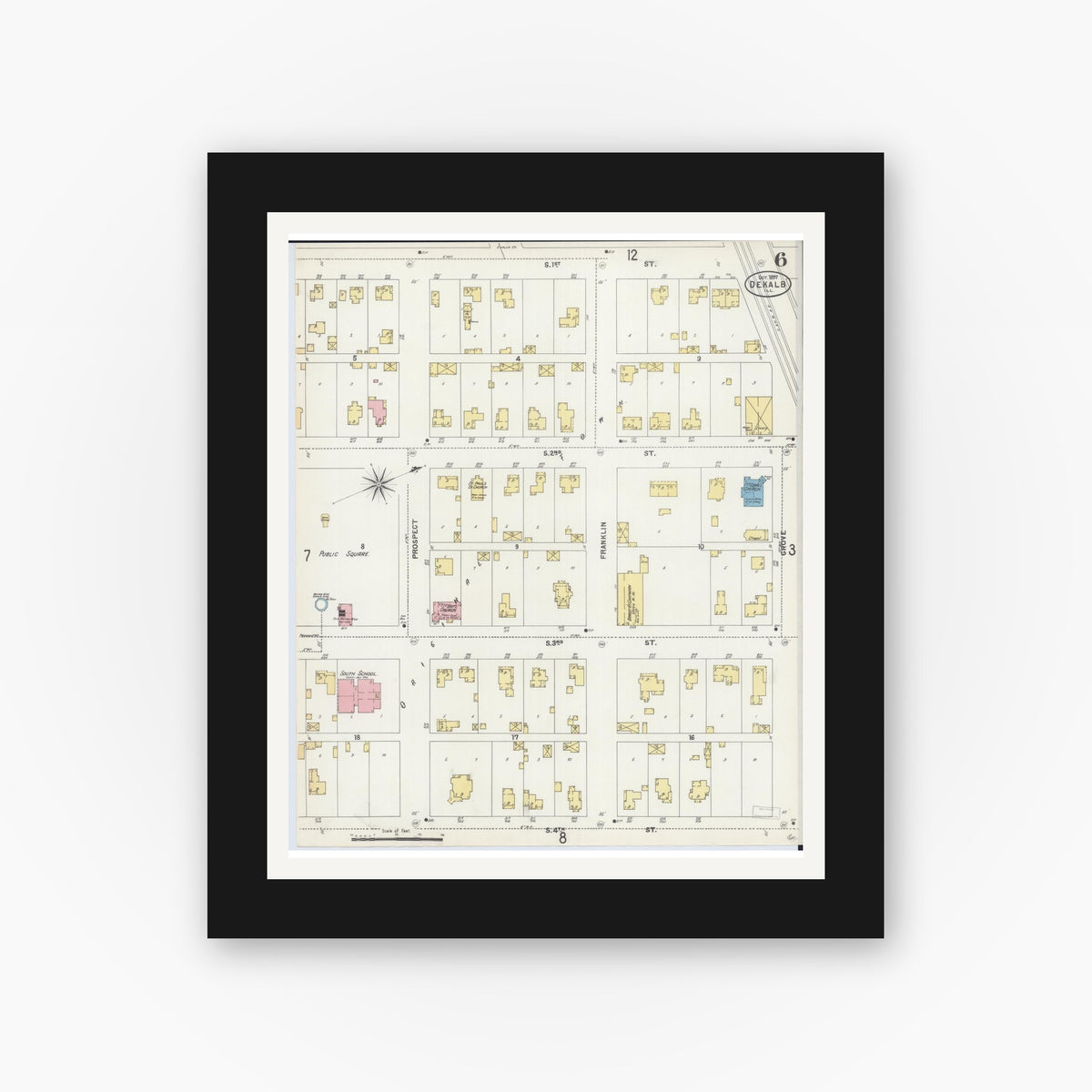 Old map wall art mockup — black gallery frame with white mat — Sanborn Fire Insurance Map from De Kalb, De Kalb County, Illinois (1897), Sheet #0006