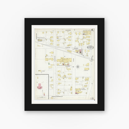 Old map wall art mockup — black gallery frame with white mat — Sanborn Fire Insurance Map from Martinsville, Morgan County, Indiana (1896), Sheet #0004