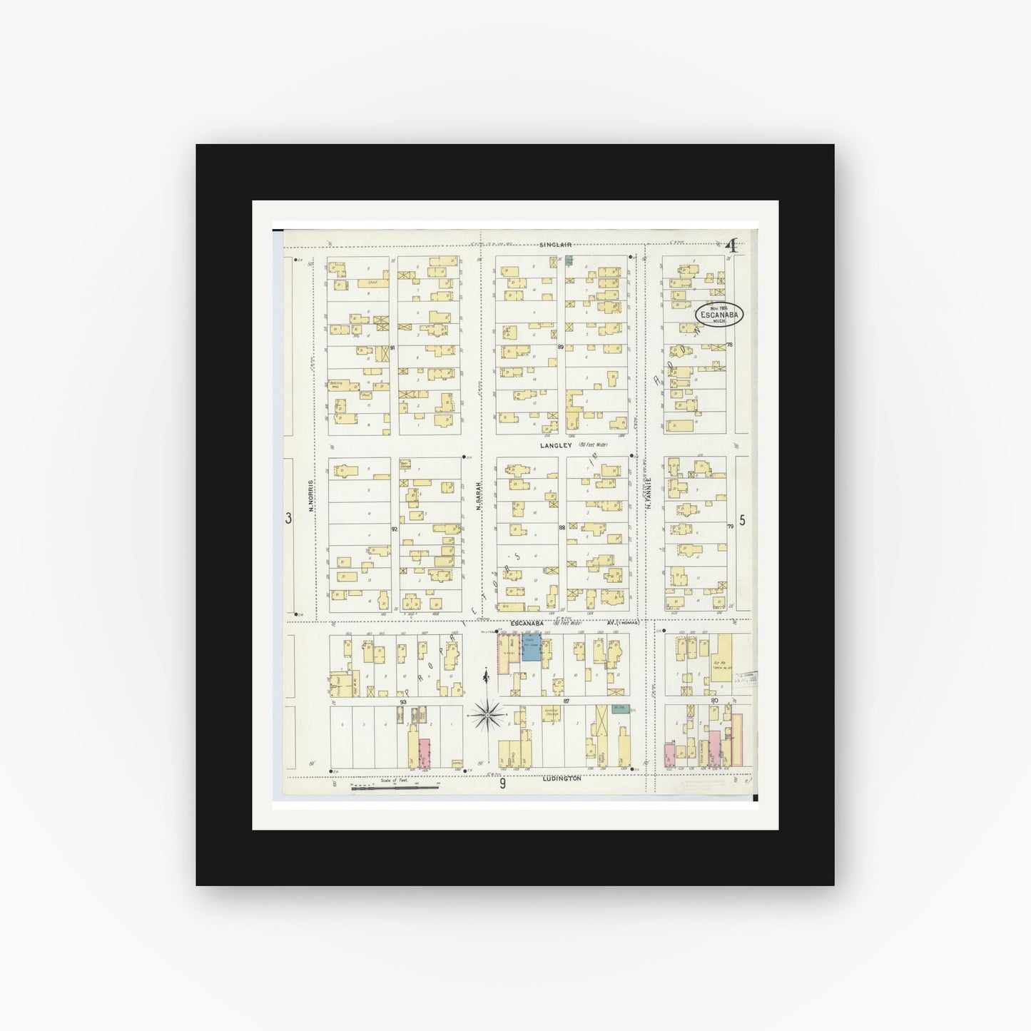 Old map wall art mockup — black gallery frame with white mat — Sanborn Fire Insurance Map from Escanaba, Delta County, Michigan (1906), Sheet #0004