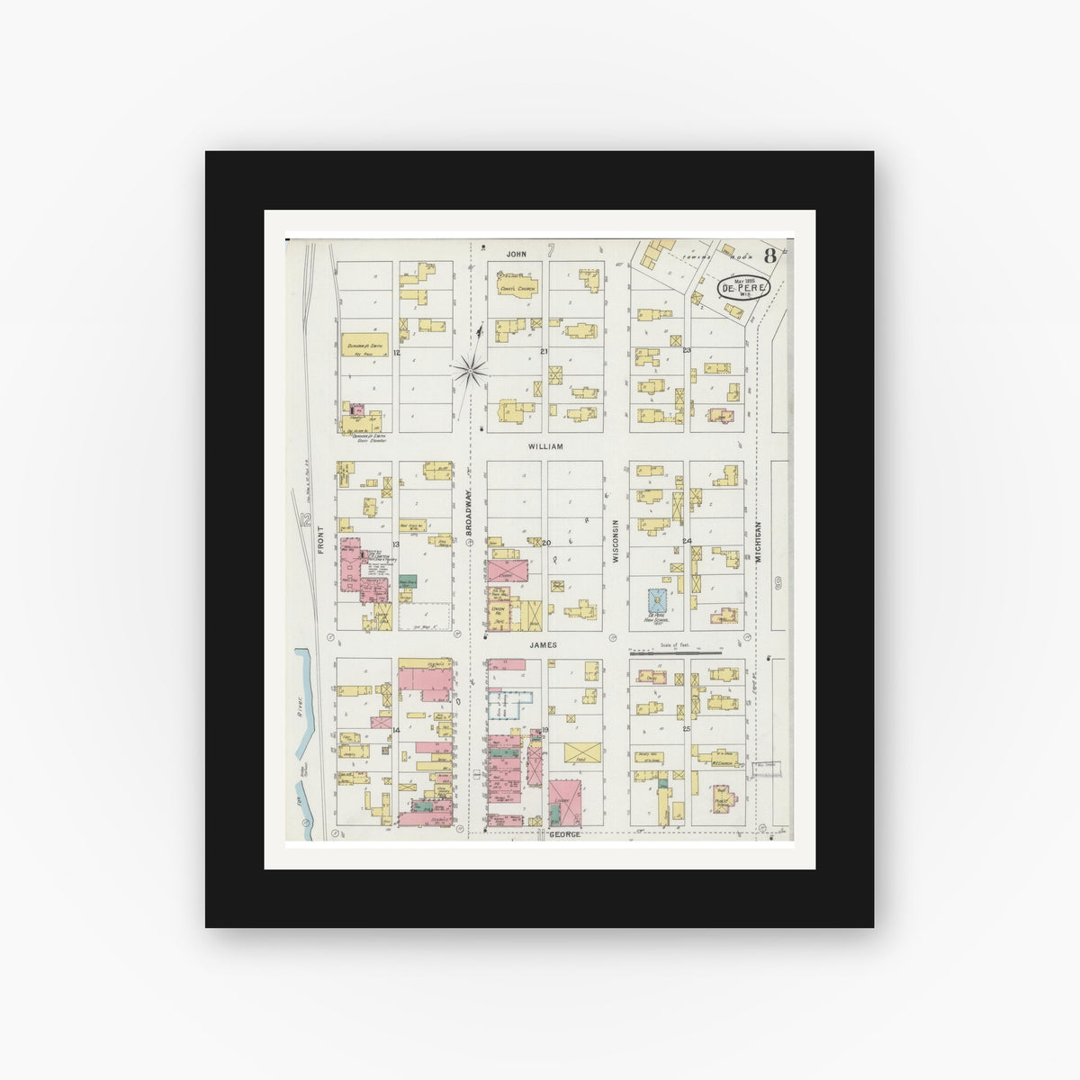 Old map wall art mockup — black gallery frame with white mat — Sanborn Fire Insurance Map from De Pere, Brown County, Wisconsin (1895), Sheet #0008
