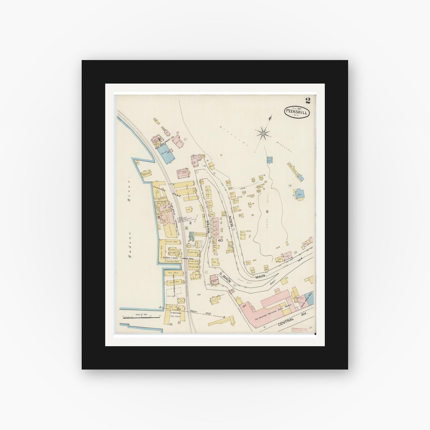 Old map wall art mockup — black gallery frame with white mat — Sanborn Fire Insurance Map from Peekskill, Westchester County, New York (1887) - Complete Map Set