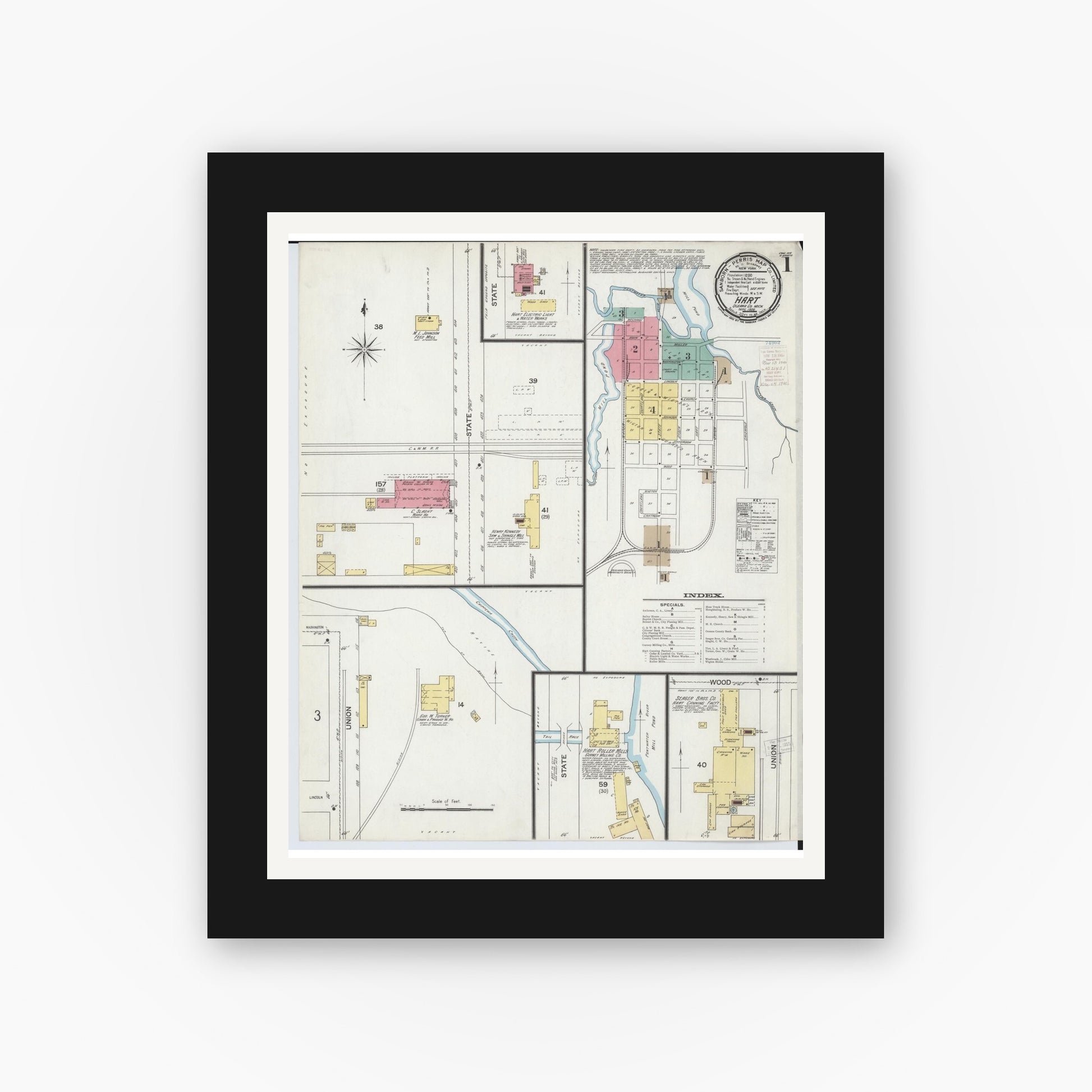 Old map wall art mockup — black gallery frame with white mat — Sanborn Fire Insurance Map from Hart, Oceana County, Michigan (1900) - Complete Map Set