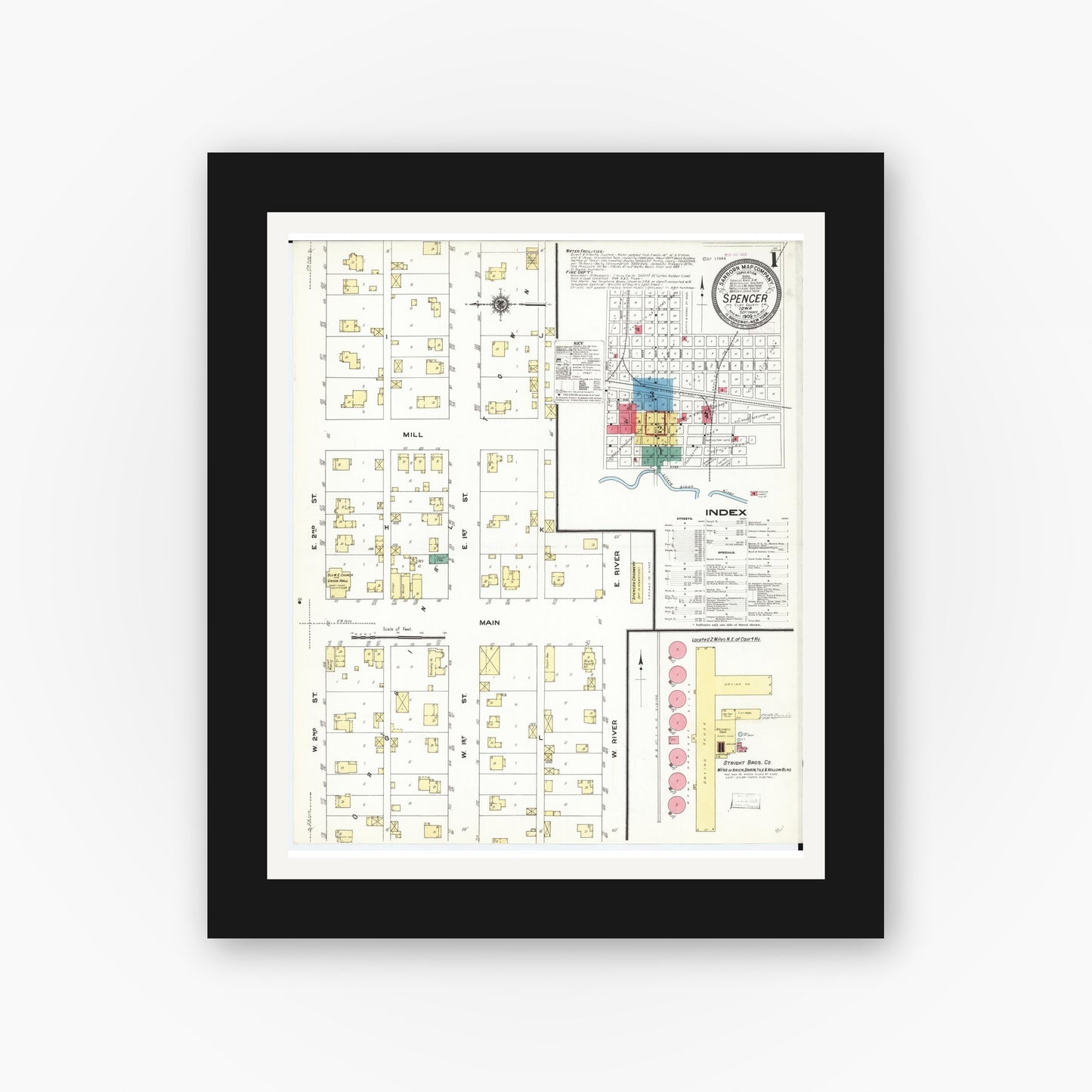 Old map wall art mockup — black gallery frame with white mat — Sanborn Fire Insurance Map from Spencer, Clay County, Iowa (1909), Sheet #0001