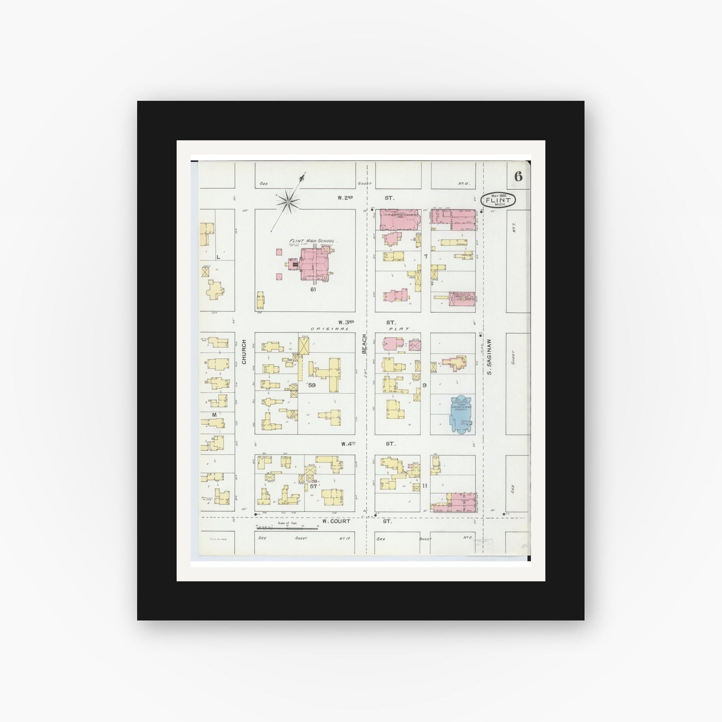 Old map wall art mockup — black gallery frame with white mat — Sanborn Fire Insurance Map from Flint, Genesee County, Michigan (1892), Sheet #0006