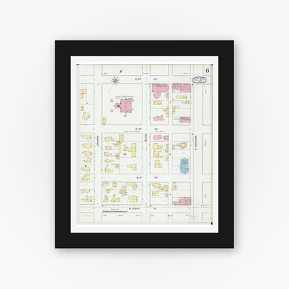 Old map wall art mockup — black gallery frame with white mat — Sanborn Fire Insurance Map from Flint, Genesee County, Michigan (1892), Sheet #0006