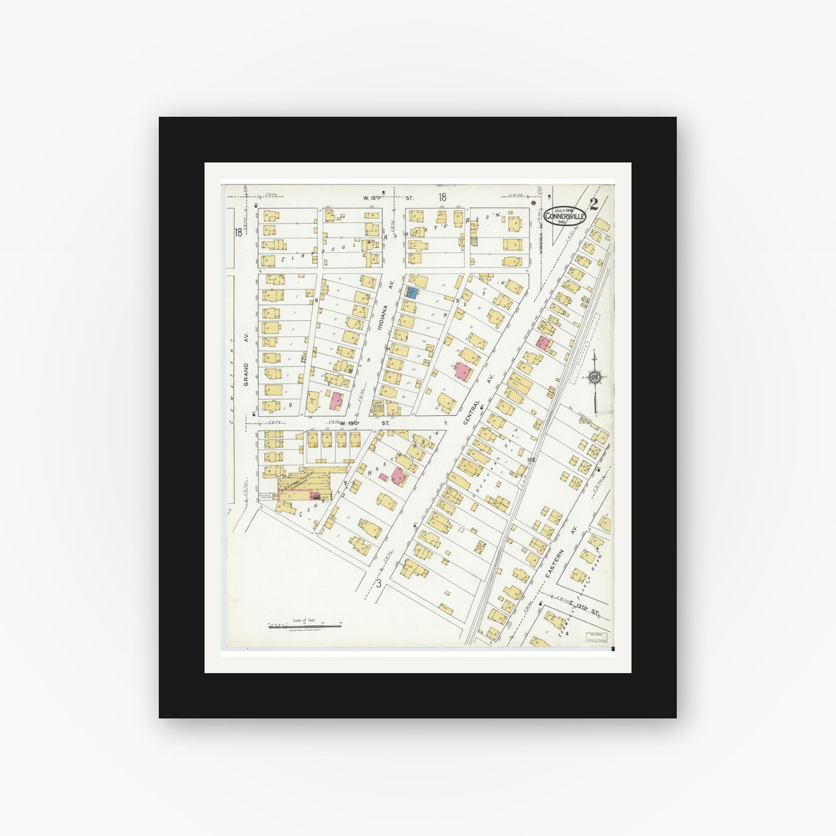 Old map wall art mockup — black gallery frame with white mat — Sanborn Fire Insurance Map from Connersville, Fayette County, Indiana (1919), Sheet #0002