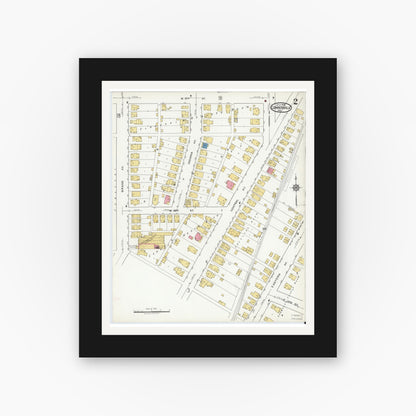 Old map wall art mockup — black gallery frame with white mat — Sanborn Fire Insurance Map from Connersville, Fayette County, Indiana (1919), Sheet #0002