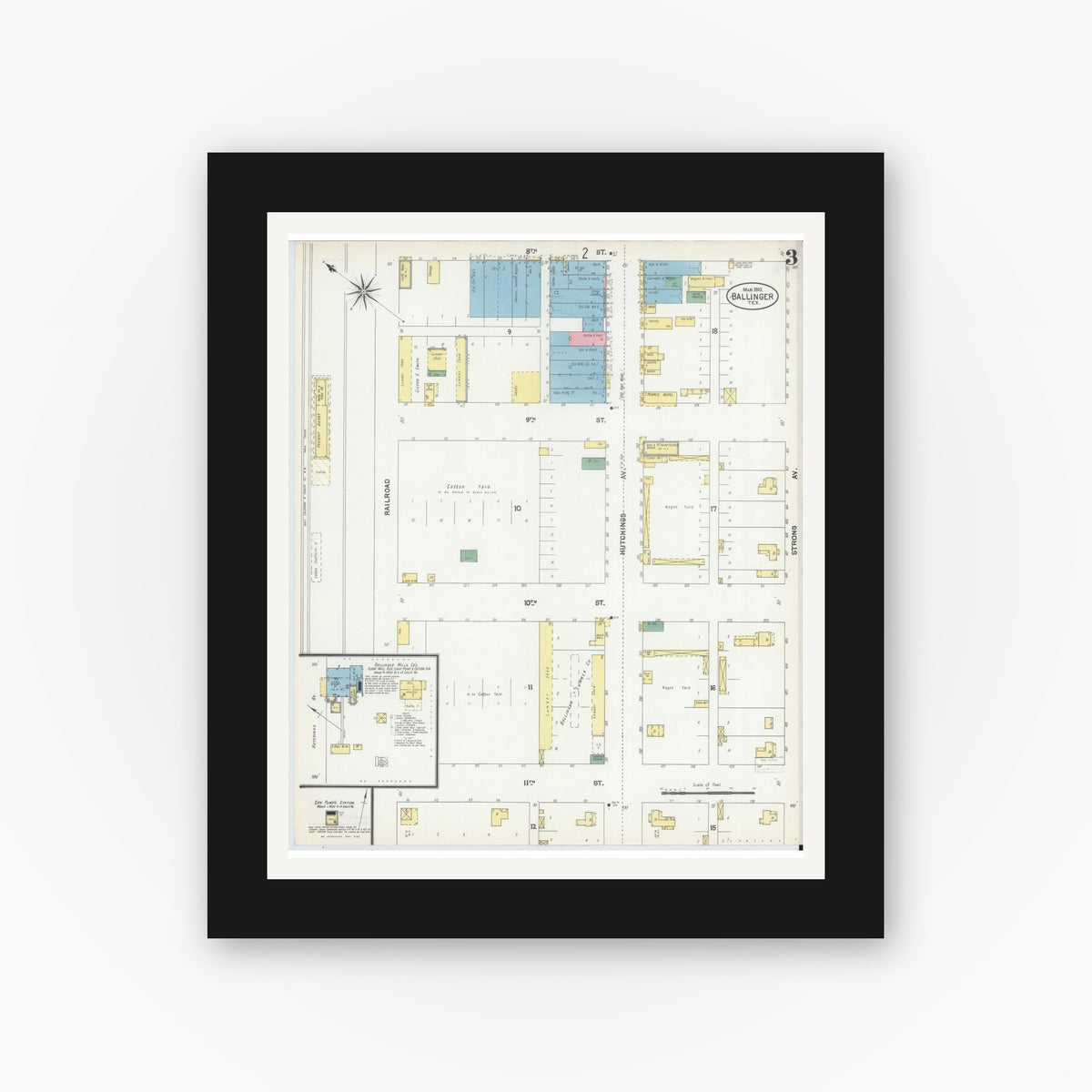 Old map wall art mockup — black gallery frame with white mat — Sanborn Fire Insurance Map from Ballinger, Runnels County, Texas (1902), Sheet #0003