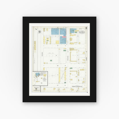 Old map wall art mockup — black gallery frame with white mat — Sanborn Fire Insurance Map from Ballinger, Runnels County, Texas (1902), Sheet #0003