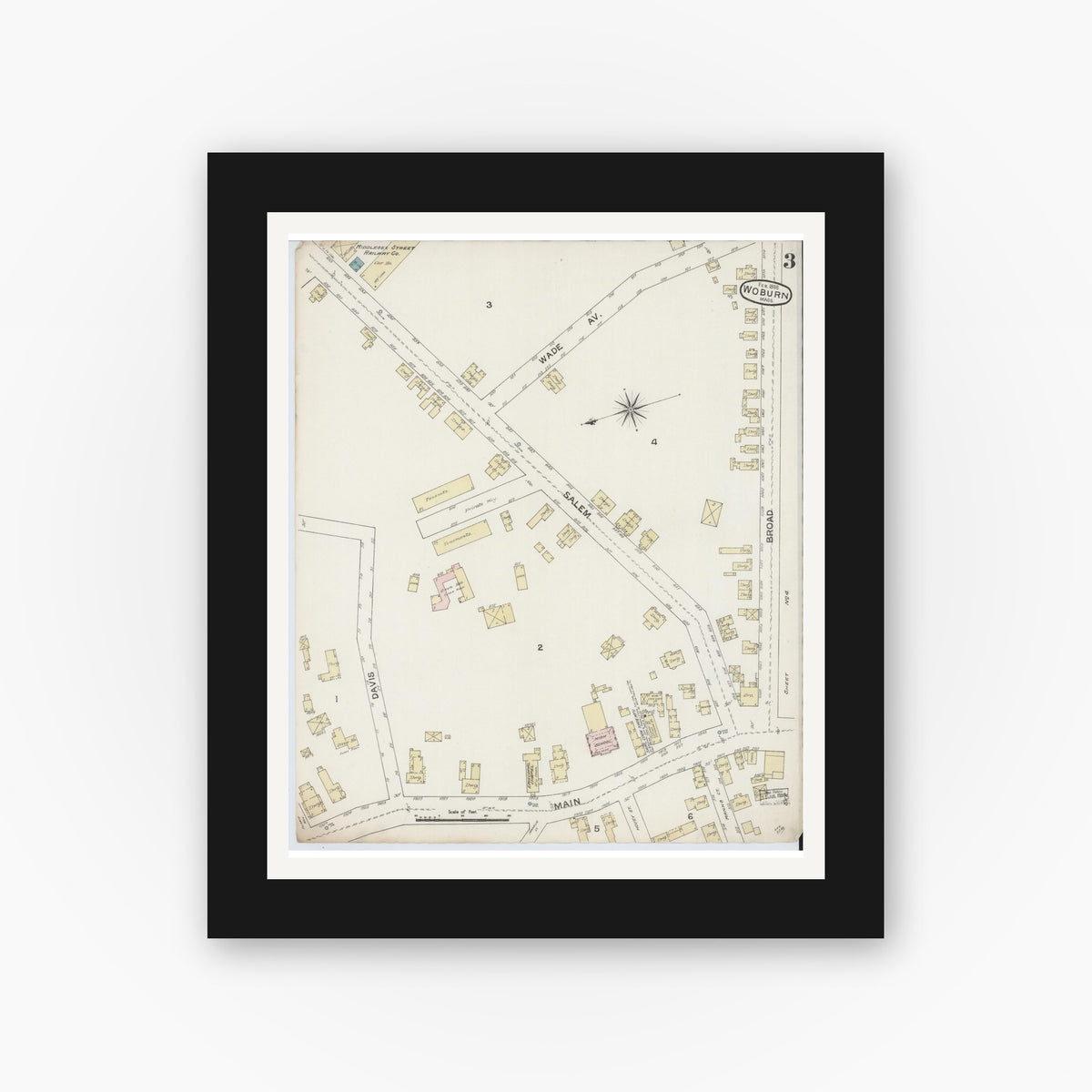 Old map wall art mockup — black gallery frame with white mat — Sanborn Fire Insurance Map from Woburn, Middlesex County, Massachusetts (1888), Sheet #0003