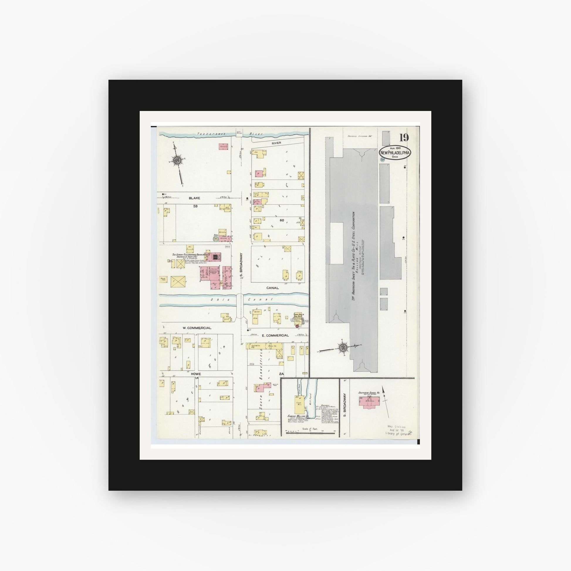 Old map wall art mockup — black gallery frame with white mat — Sanborn Fire Insurance Map from New Philadelphia, Tuscarawas County, Ohio (1910), Sheet #0019
