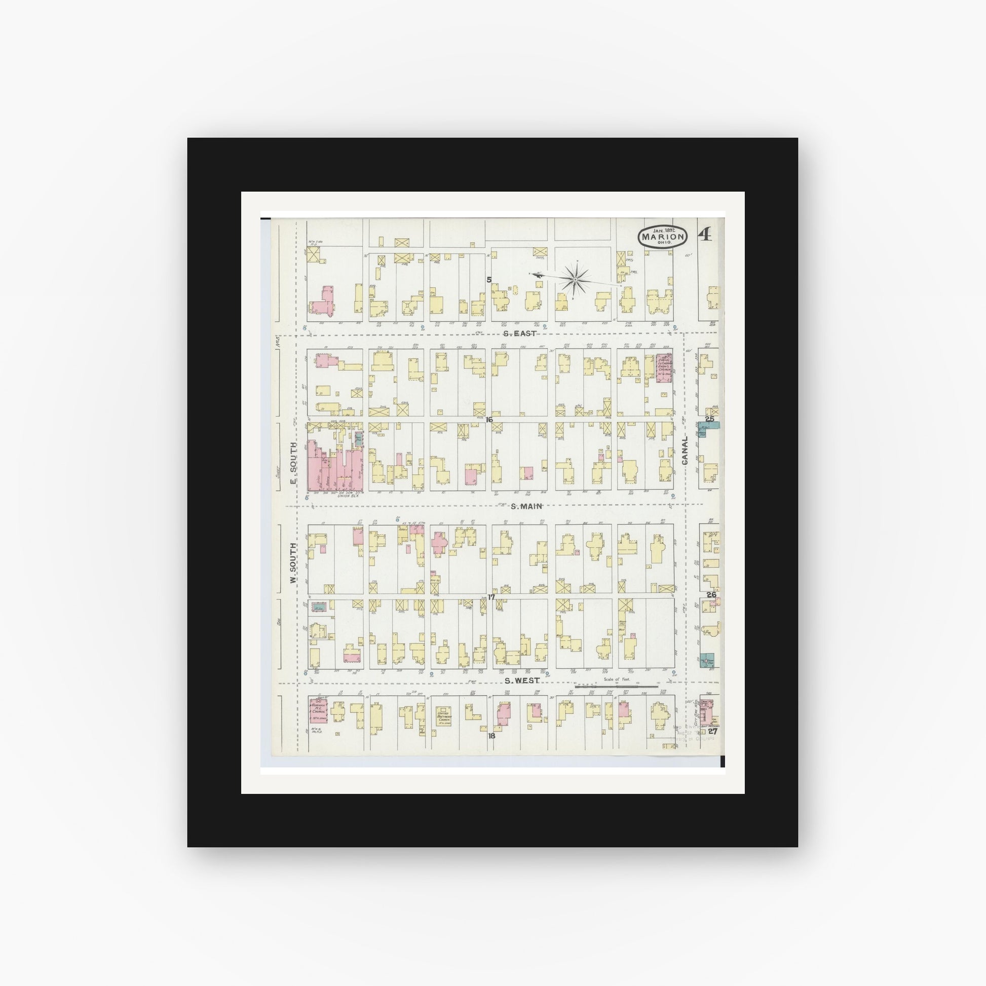 Old map wall art mockup — black gallery frame with white mat — Sanborn Fire Insurance Map from Marion, Marion County, Ohio (1892), Sheet #0004