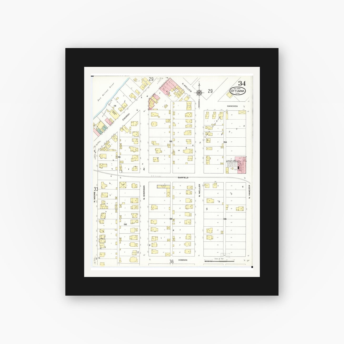 Old map wall art mockup — black gallery frame with white mat — Sanborn Fire Insurance Map from Ottumwa, Wapello County, Iowa (1909), Sheet #0034