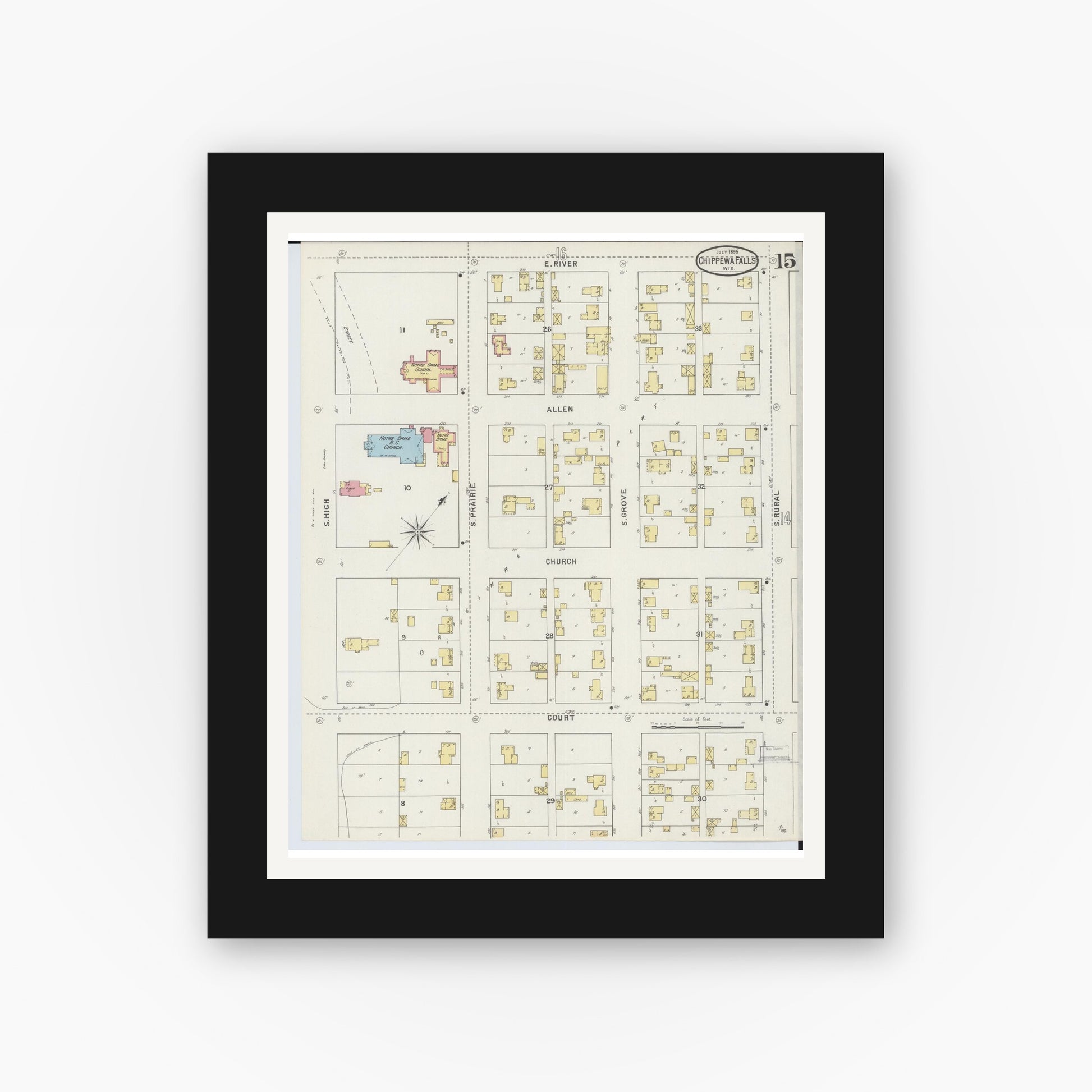 Old map wall art mockup — black gallery frame with white mat — Sanborn Fire Insurance Map from Chippewa Falls, Chippewa County, Wisconsin (1895), Sheet #0015