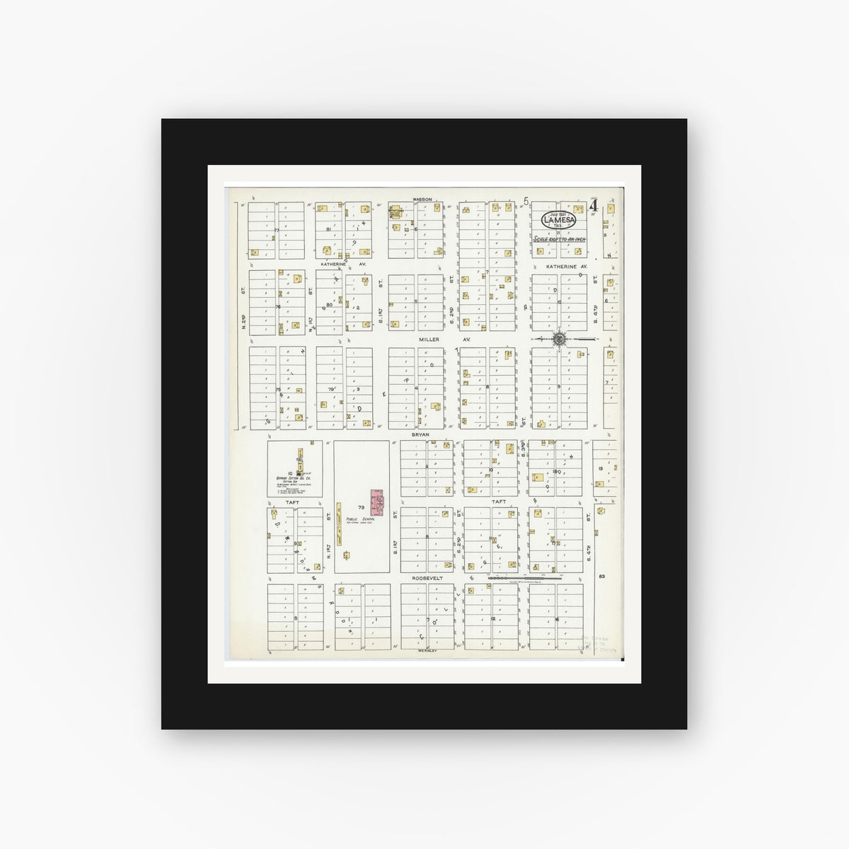 Old map wall art mockup — black gallery frame with white mat — Sanborn Fire Insurance Map from Lamesa, Dawson County, Texas (1921), Sheet #0004