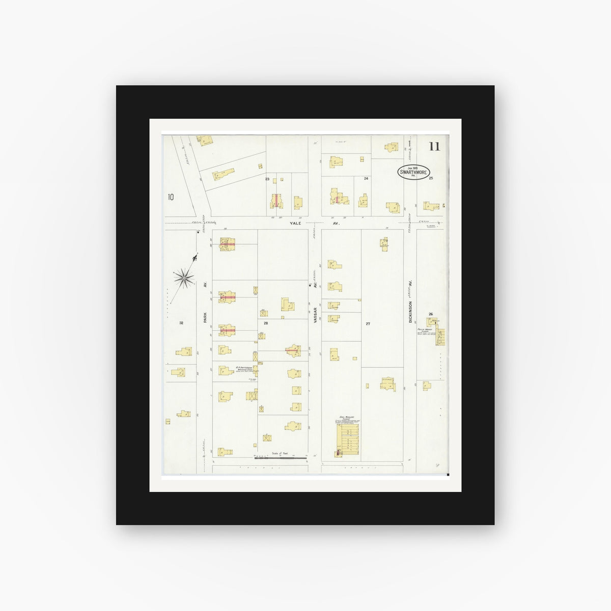 Old map wall art mockup — black gallery frame with white mat — Sanborn Fire Insurance Map from Swarthmore, Delaware County, Pennsylvania (1909), Sheet #0011