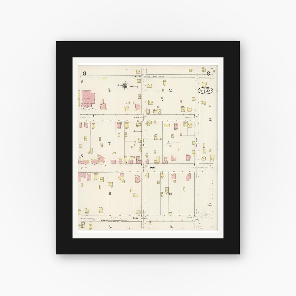 Old map wall art mockup — black gallery frame with white mat — Sanborn Fire Insurance Map from Zelienople, Butler County, Pennsylvania (1925), Sheet #0008