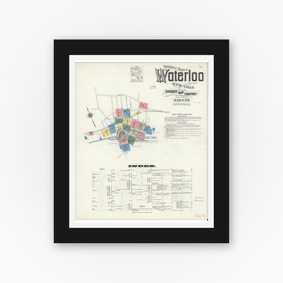 Old map wall art mockup — black gallery frame with white mat — Sanborn Fire Insurance Map from Waterloo, Seneca County, New York (1911) - Complete Map Set