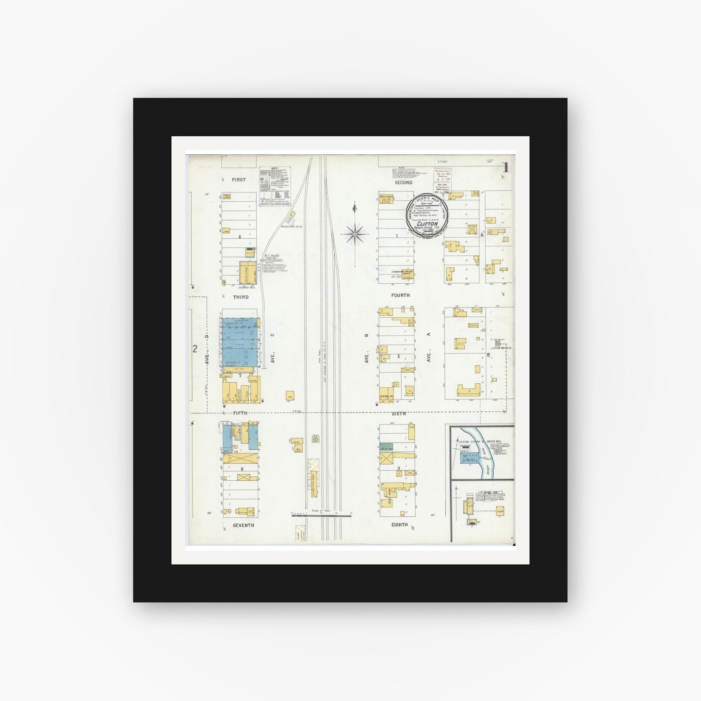 Old map wall art mockup — black gallery frame with white mat — Sanborn Fire Insurance Map from Clifton, Bosque County, Texas (1900) - Complete Map Set