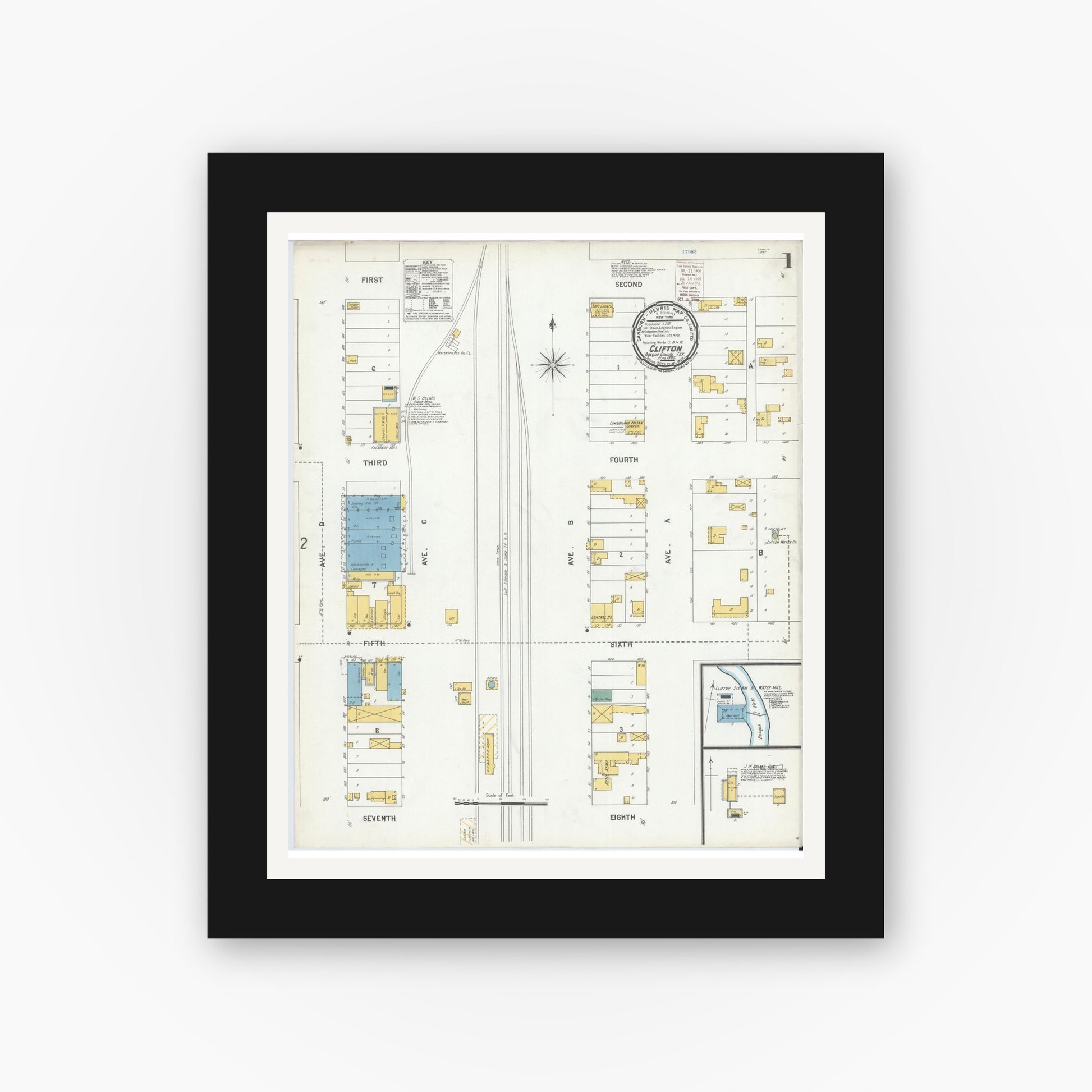 Old map wall art mockup — black gallery frame with white mat — Sanborn Fire Insurance Map from Clifton, Bosque County, Texas (1900) - Complete Map Set