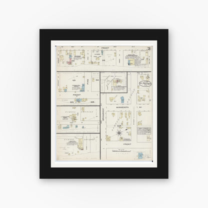 Old map wall art mockup — black gallery frame with white mat — Sanborn Fire Insurance Map from Saint Peter, Nicollet County, Minnesota (1885), Sheet #0003
