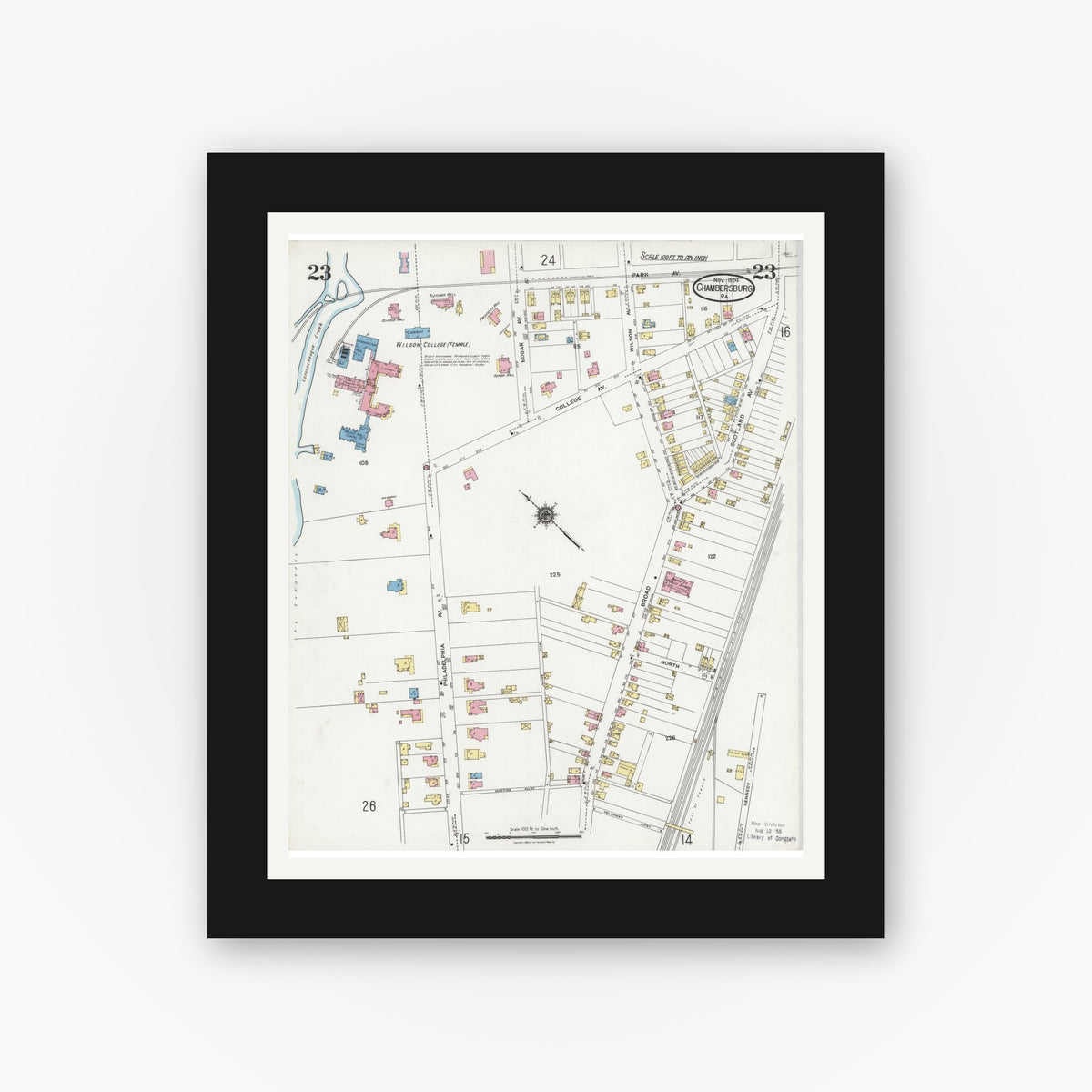 Old map wall art mockup — black gallery frame with white mat — Sanborn Fire Insurance Map from Chambersburg, Franklin County, Pennsylvania (1924), Sheet #0023