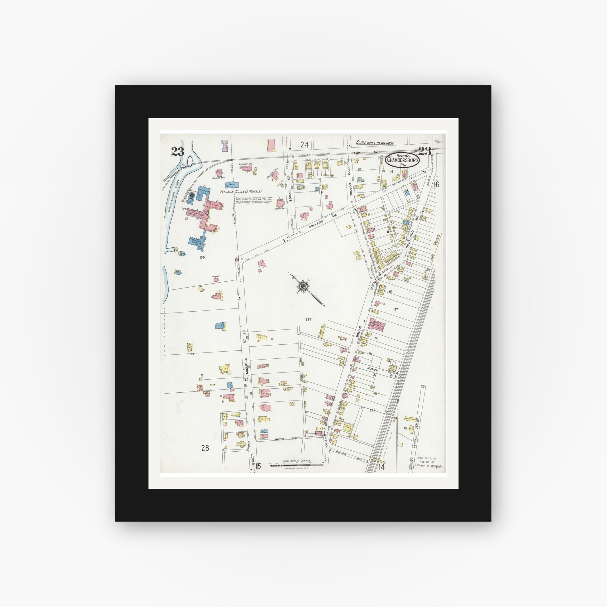 Old map wall art mockup — black gallery frame with white mat — Sanborn Fire Insurance Map from Chambersburg, Franklin County, Pennsylvania (1924), Sheet #0023