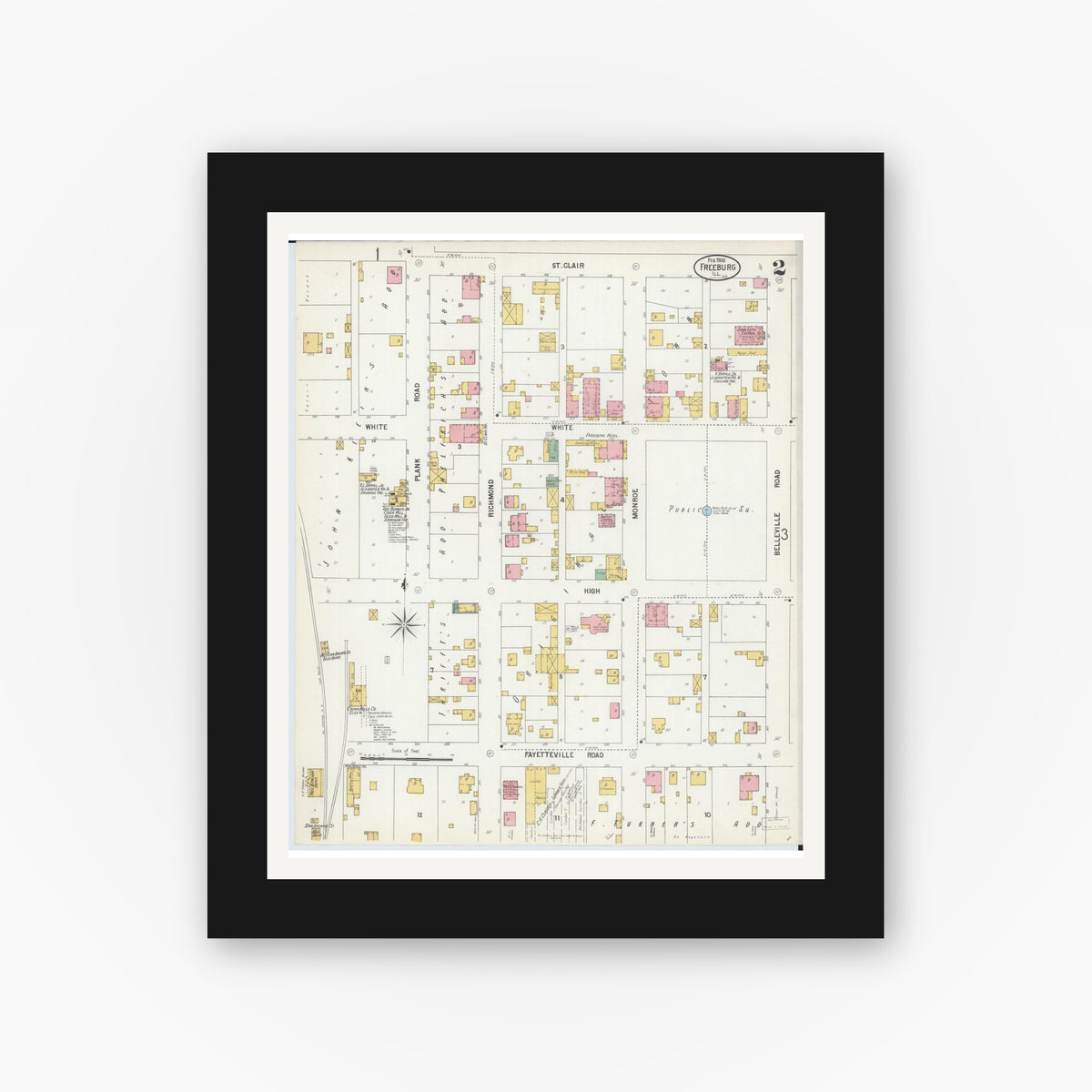 Old map wall art mockup — black gallery frame with white mat — Sanborn Fire Insurance Map from Freeburg, Saint Clair County, Illinois (1900), Sheet #0002