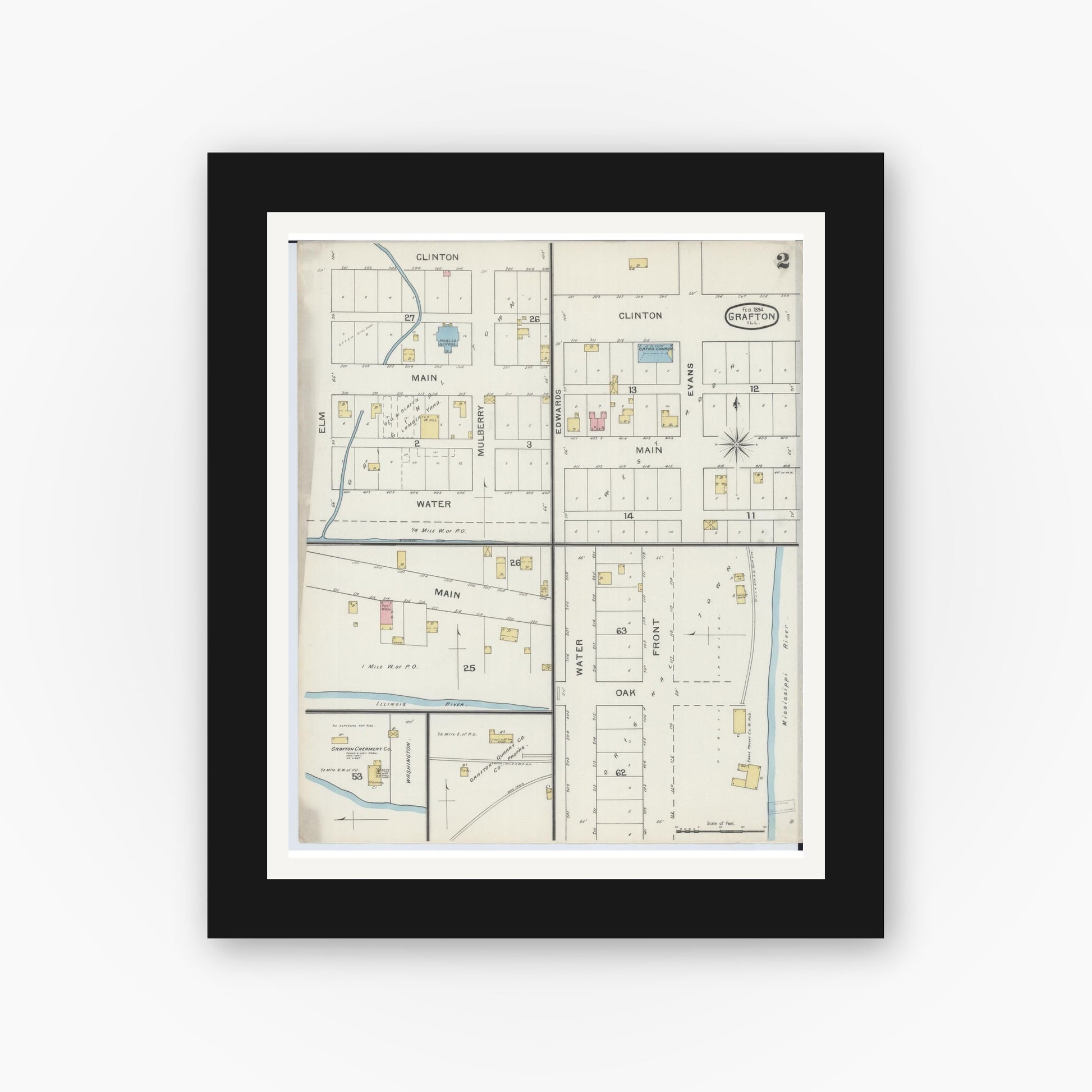 Old map wall art mockup — black gallery frame with white mat — Sanborn Fire Insurance Map from Grafton, Jersey County, Illinois (1894), Sheet #0002