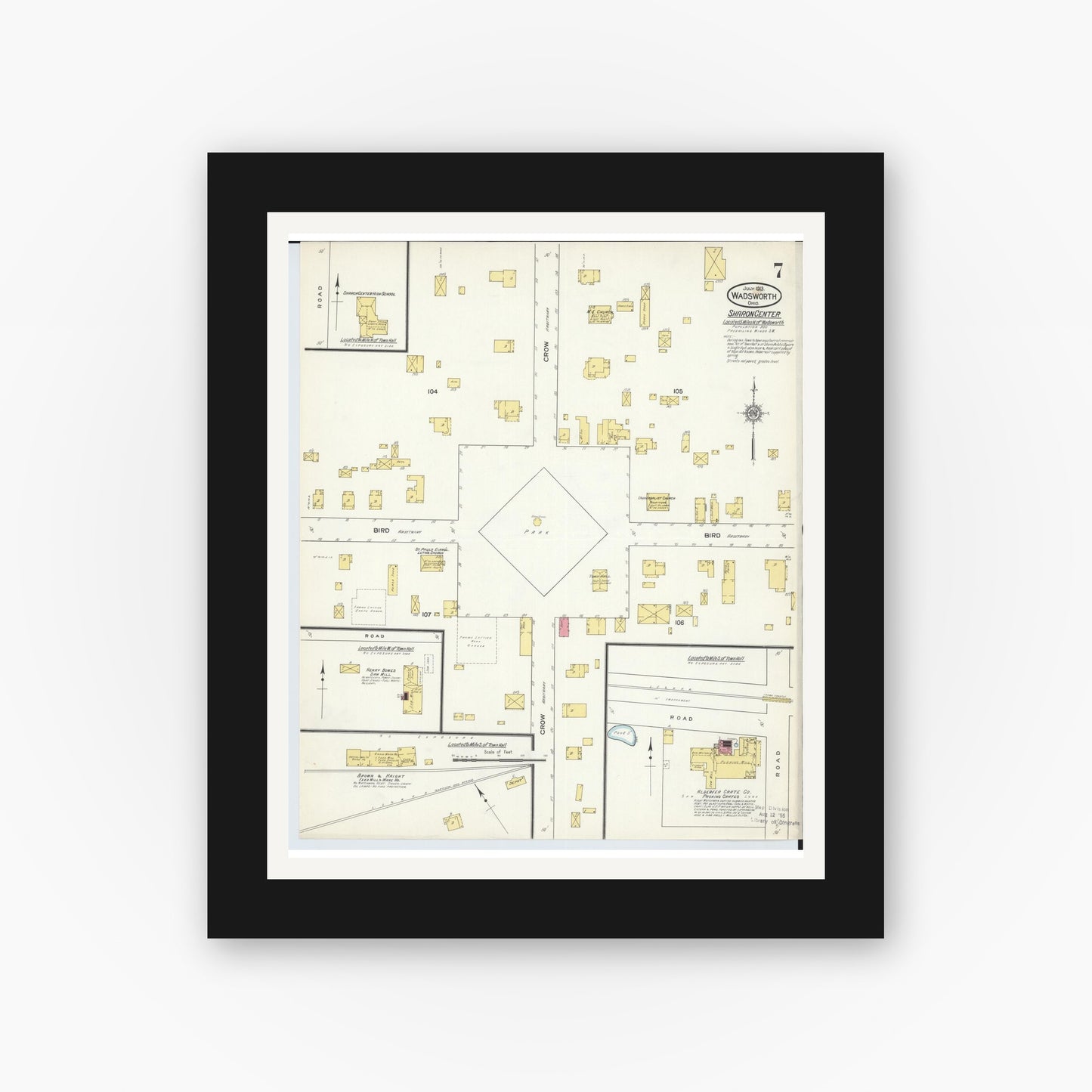 Old map wall art mockup — black gallery frame with white mat — Sanborn Fire Insurance Map from Wadsworth, Medina County, Ohio (1913), Sheet #0007