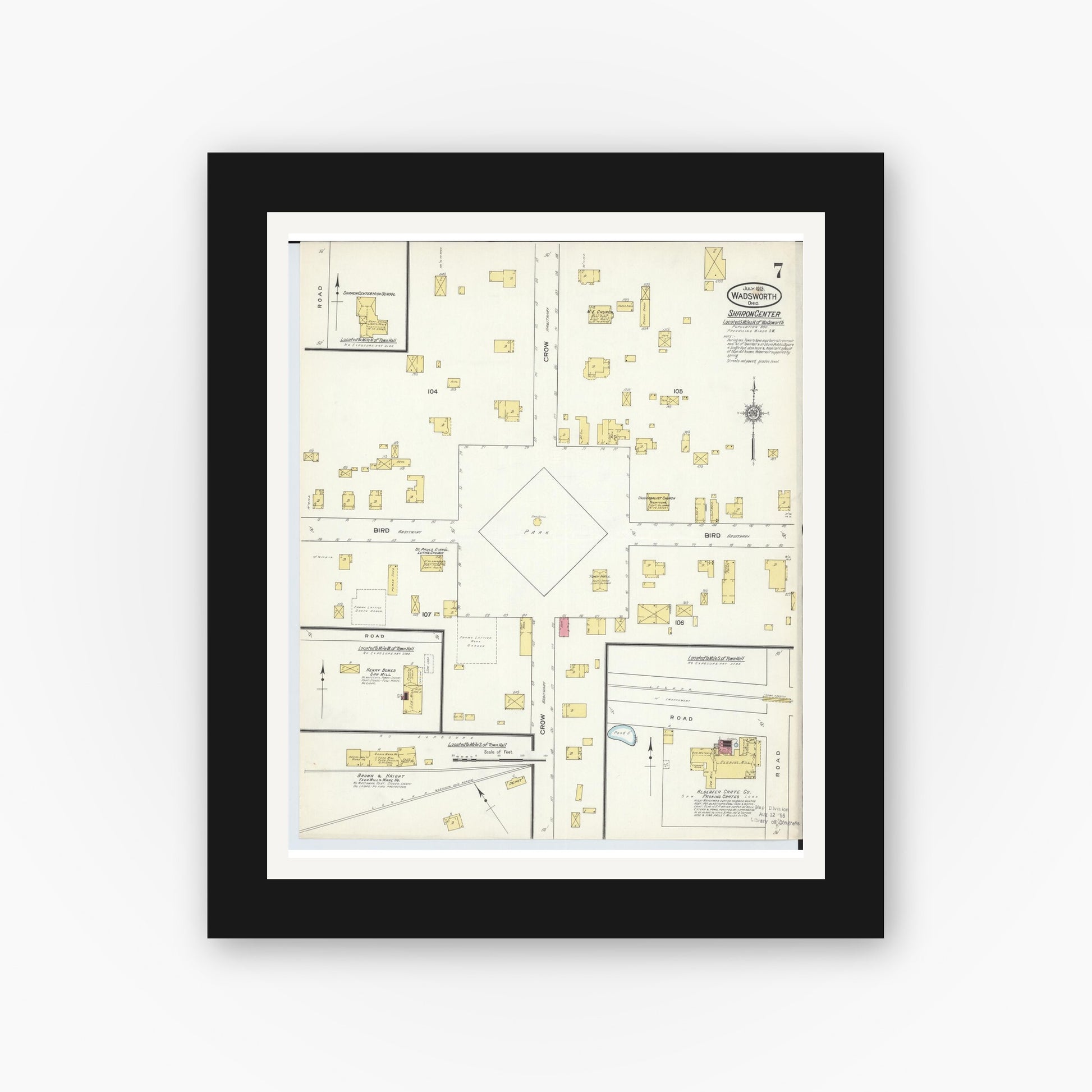 Old map wall art mockup — black gallery frame with white mat — Sanborn Fire Insurance Map from Wadsworth, Medina County, Ohio (1913), Sheet #0007