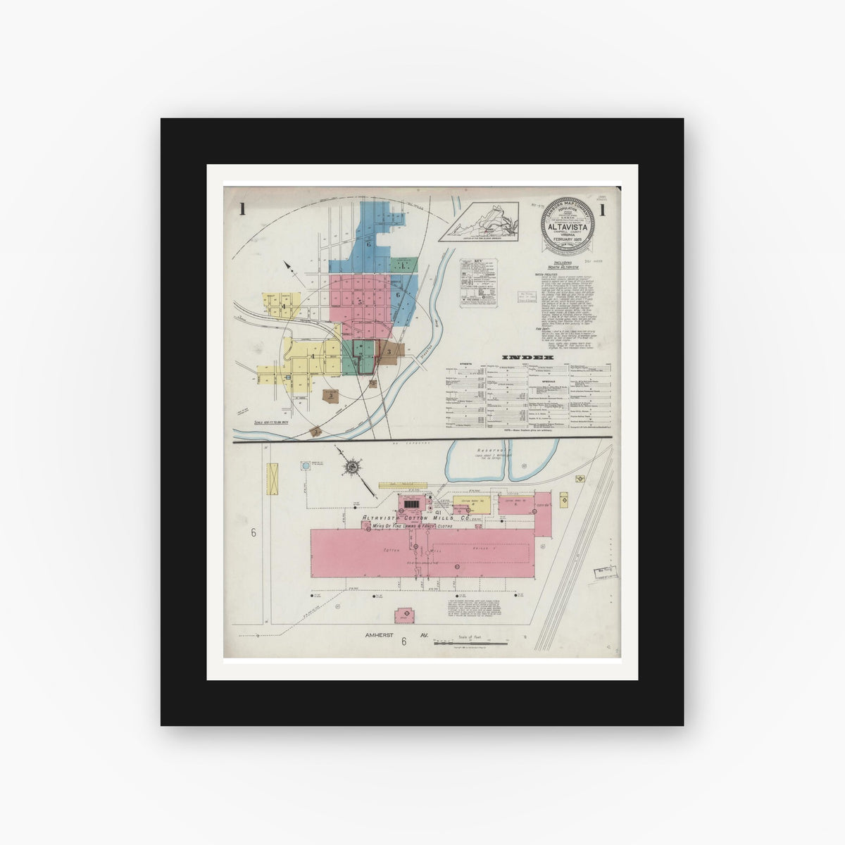 Old map wall art mockup — black gallery frame with white mat — Sanborn Fire Insurance Map from Altavista, Campbell County, Virginia (1925) - Complete Map Set