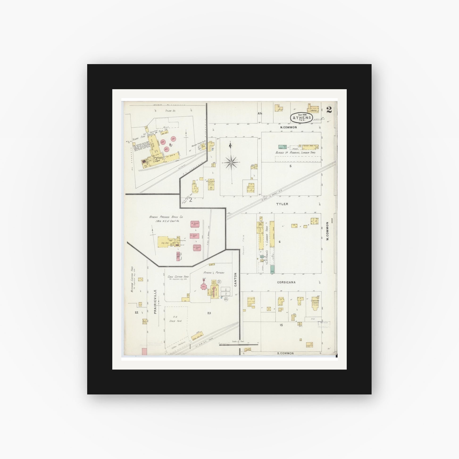 Old map wall art mockup — black gallery frame with white mat — Sanborn Fire Insurance Map from Athens, Henderson County, Texas (1896), Sheet #0002