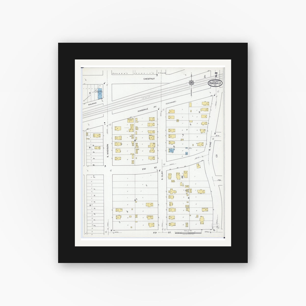Old map wall art mockup — black gallery frame with white mat — Sanborn Fire Insurance Map from Hinsdale, Du Page And Cook Counties, Illinois (1919), Sheet #0007