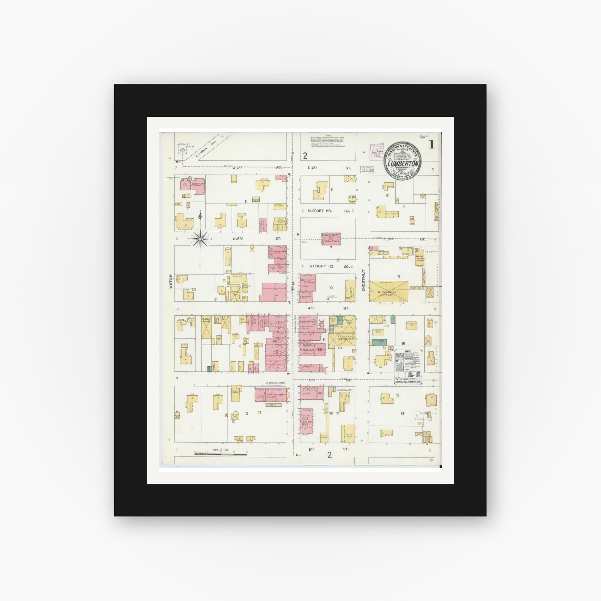 Old map wall art mockup — black gallery frame with white mat — Sanborn Fire Insurance Map from Lumberton, Robeson County, North Carolina (1904) - Complete Map Set