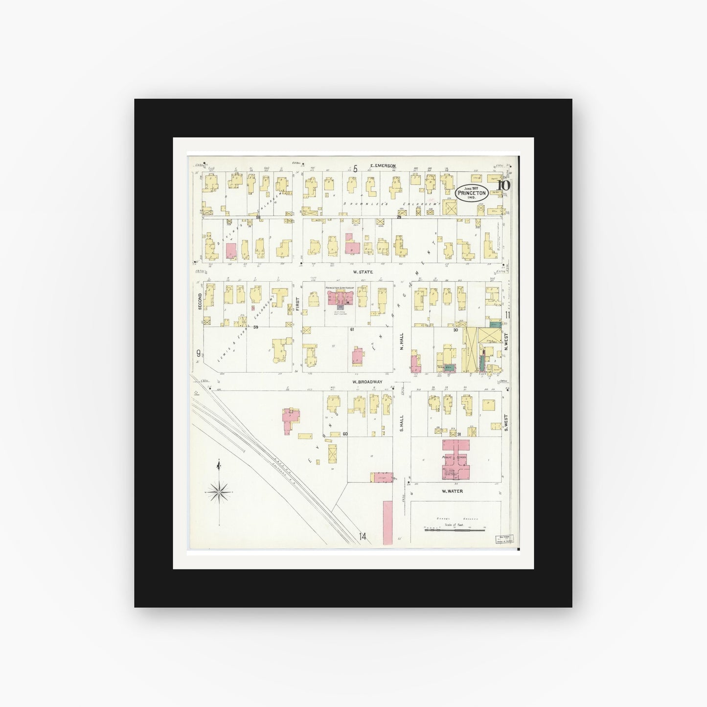 Old map wall art mockup — black gallery frame with white mat — Sanborn Fire Insurance Map from Princeton, Gibson County, Indiana (1907), Sheet #0010