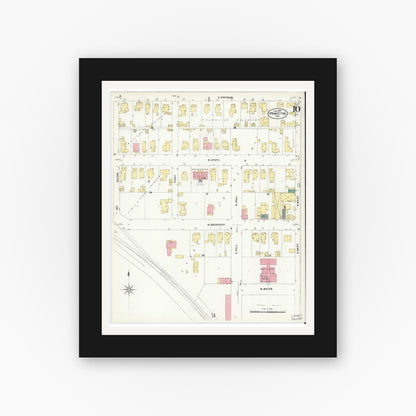 Old map wall art mockup — black gallery frame with white mat — Sanborn Fire Insurance Map from Princeton, Gibson County, Indiana (1907), Sheet #0010