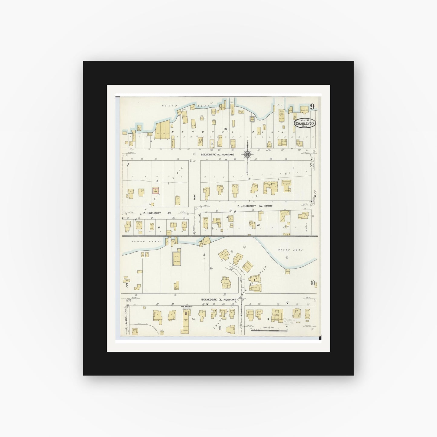 Old map wall art mockup — black gallery frame with white mat — Sanborn Fire Insurance Map from Charlevoix, Charlevoix County, Michigan (1912), Sheet #0009