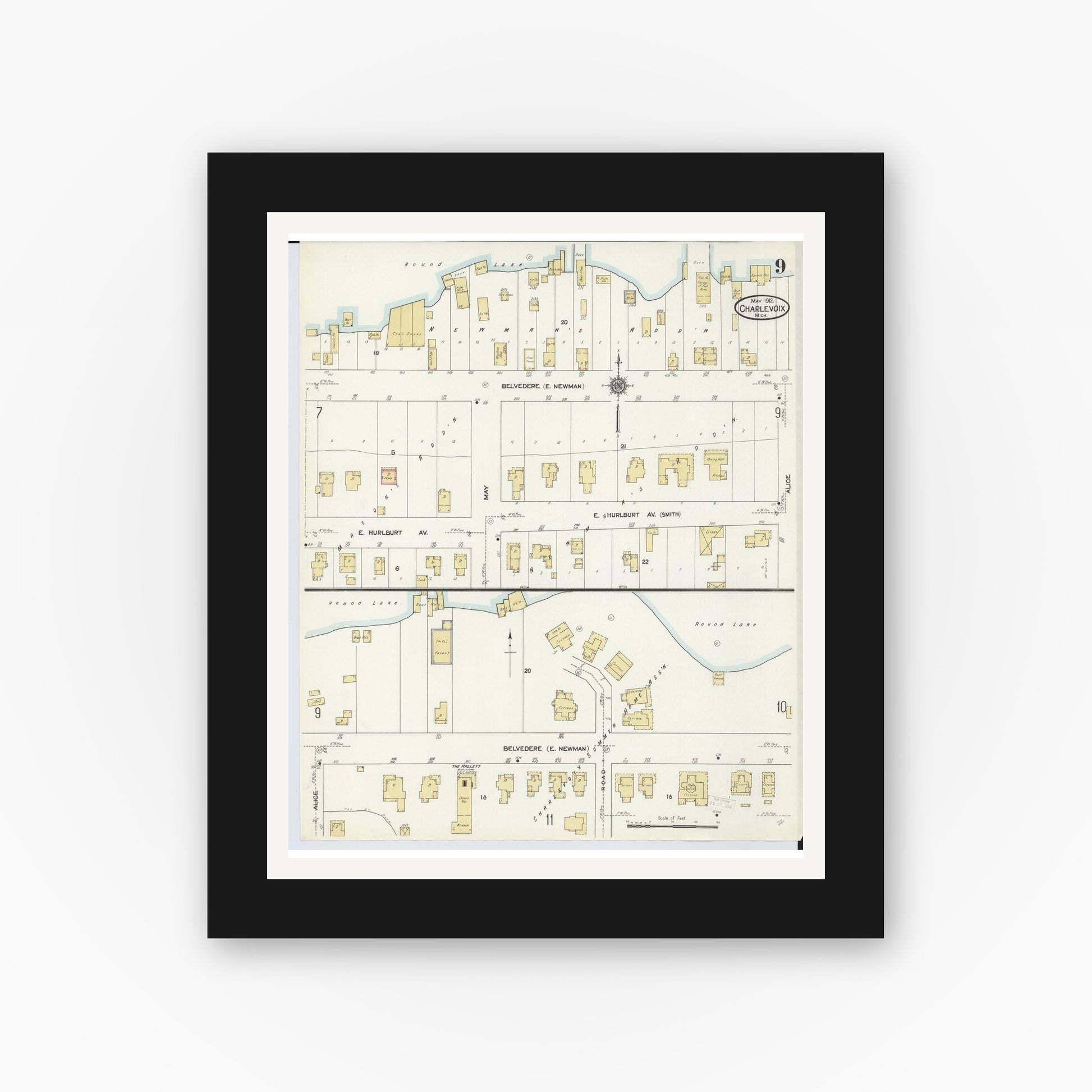 Old map wall art mockup — black gallery frame with white mat — Sanborn Fire Insurance Map from Charlevoix, Charlevoix County, Michigan (1912), Sheet #0009