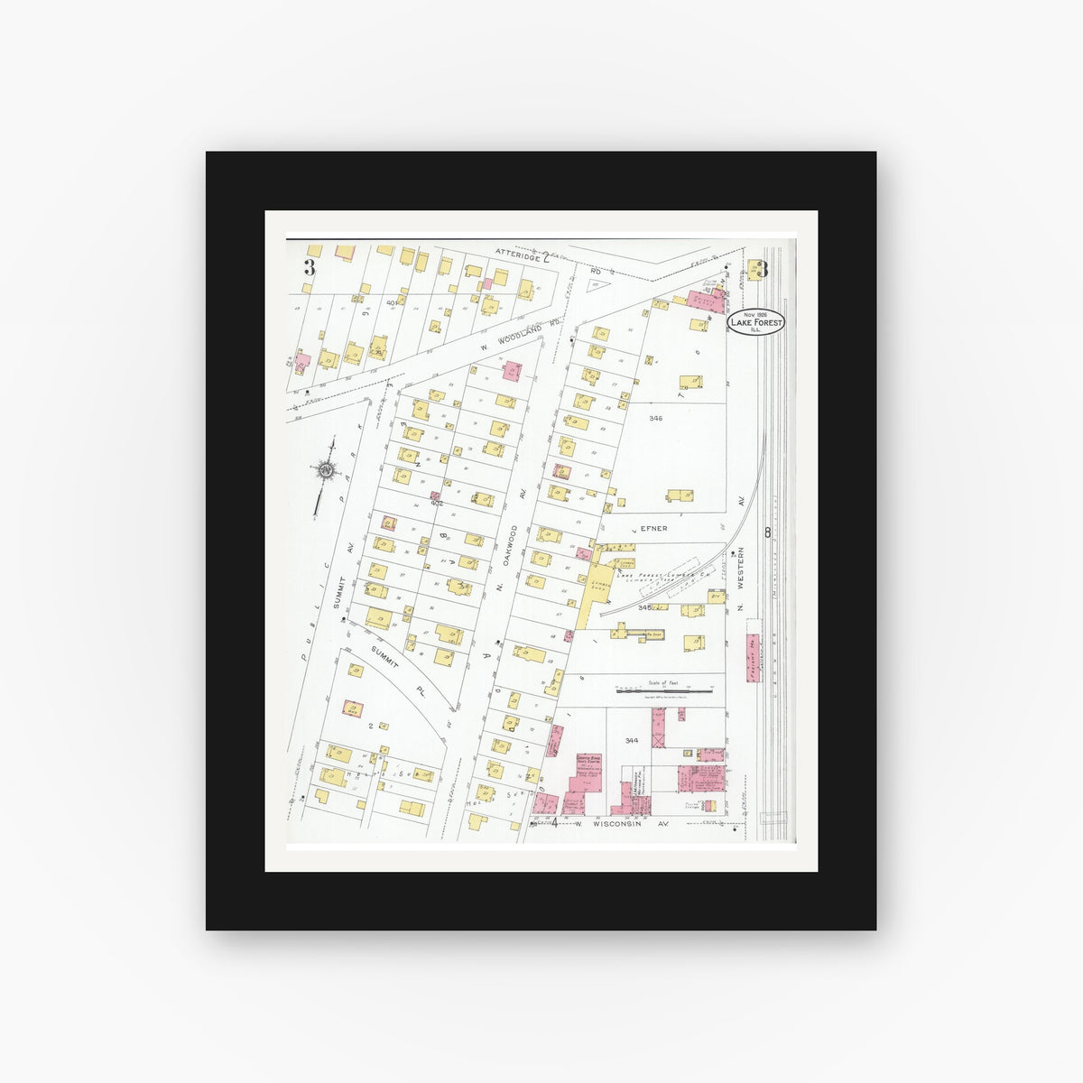 Old map wall art mockup — black gallery frame with white mat — Sanborn Fire Insurance Map from Lake Forest, Lake County, Illinois (1926), Sheet #0003
