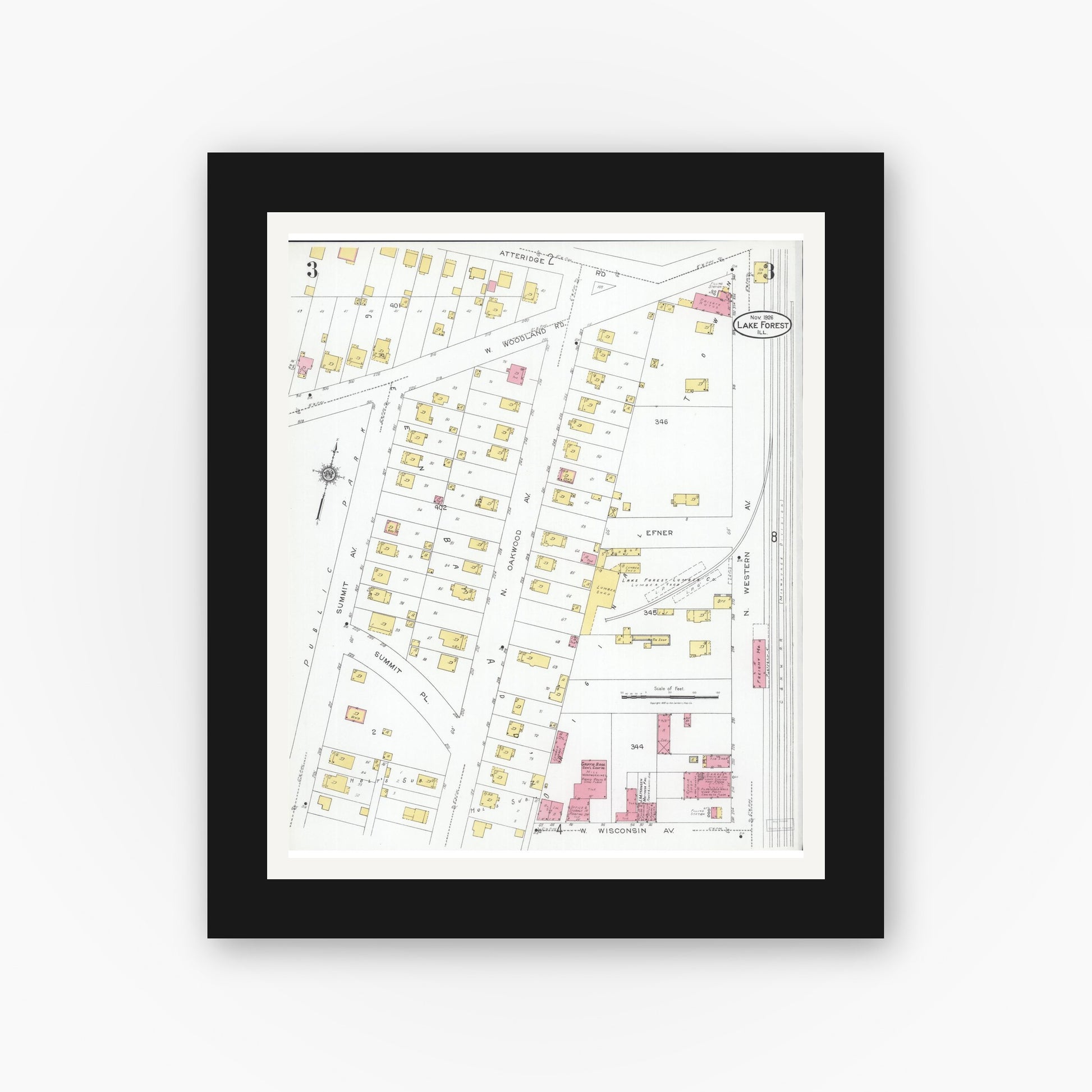 Old map wall art mockup — black gallery frame with white mat — Sanborn Fire Insurance Map from Lake Forest, Lake County, Illinois (1926), Sheet #0003