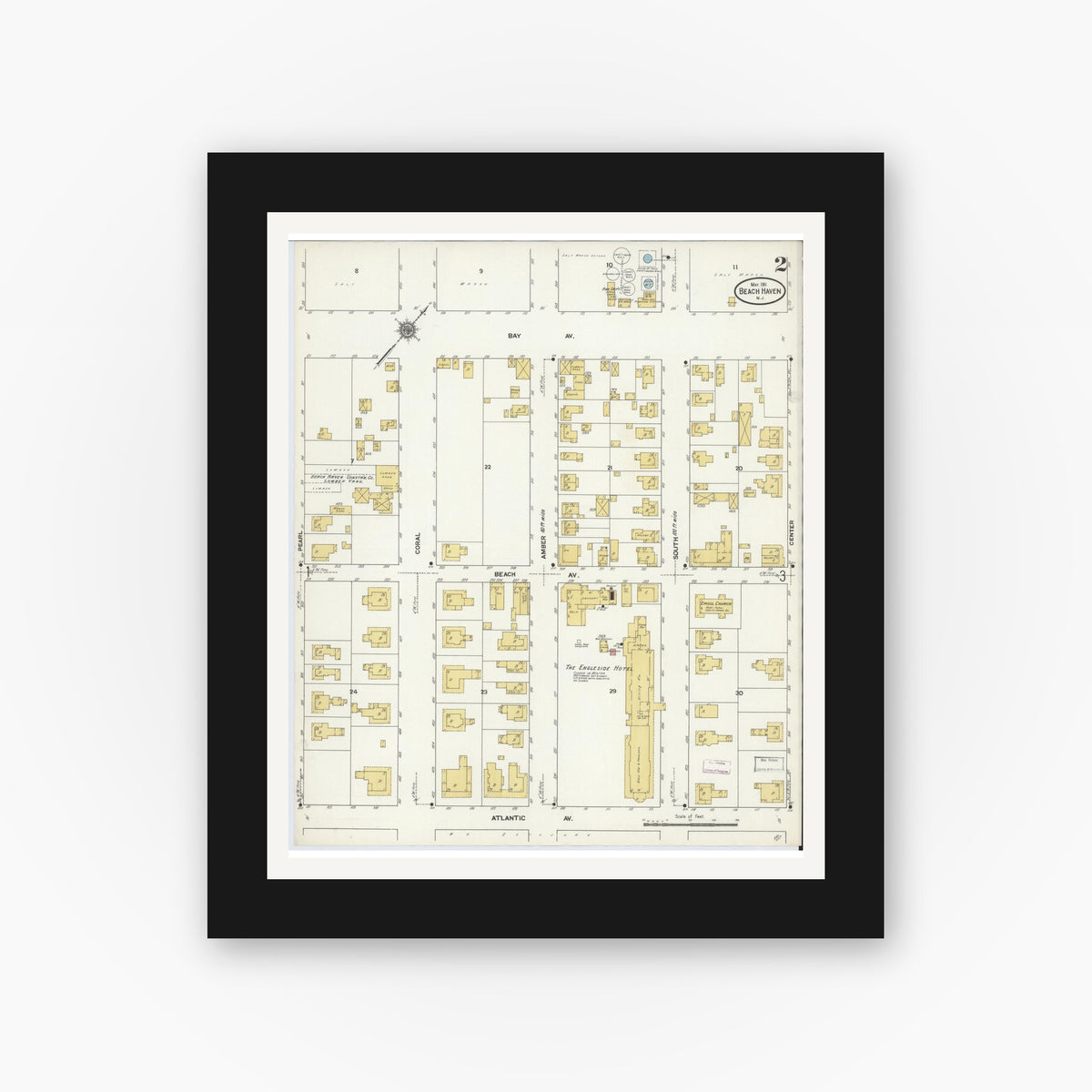 Old map wall art mockup — black gallery frame with white mat — Sanborn Fire Insurance Map from Beach Haven, Ocean County, New Jersey (1911), Sheet #0002