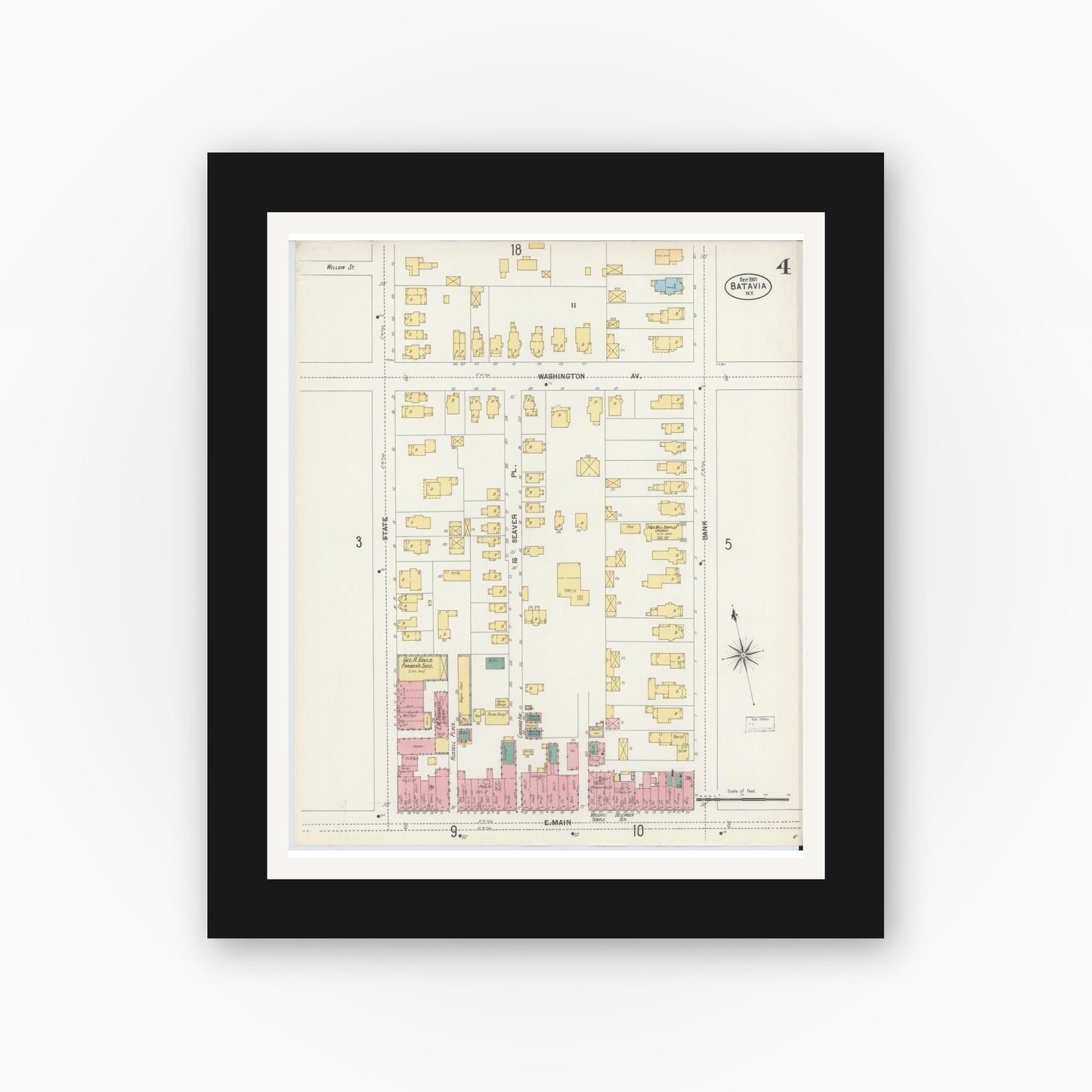 Old map wall art mockup — black gallery frame with white mat — Sanborn Fire Insurance Map from Batavia, Genesee County, New York (1901), Sheet #0004