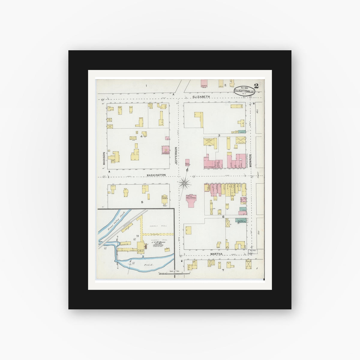 Old map wall art mockup — black gallery frame with white mat — Sanborn Fire Insurance Map from Ellicottville, Cattaraugus County, New York (1892), Sheet #0002