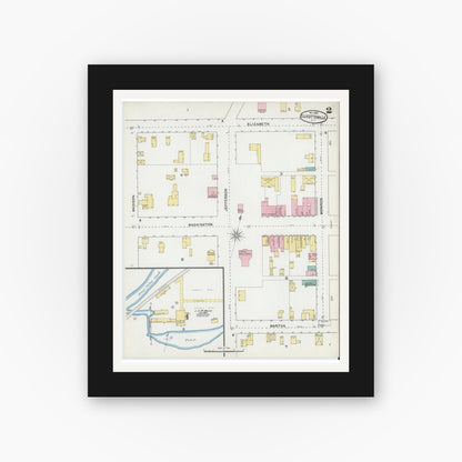 Old map wall art mockup — black gallery frame with white mat — Sanborn Fire Insurance Map from Ellicottville, Cattaraugus County, New York (1892), Sheet #0002