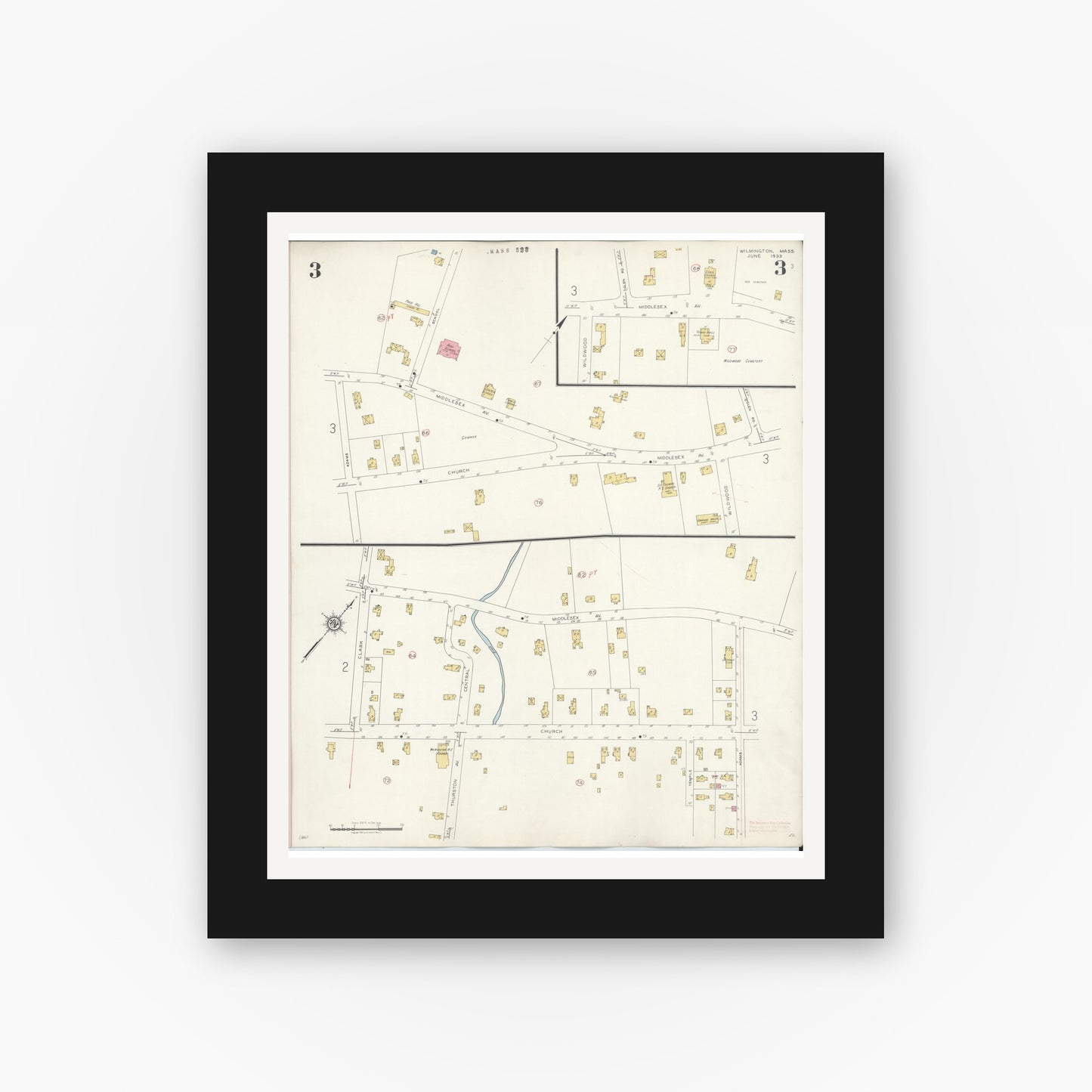 Old map wall art mockup — black gallery frame with white mat — Sanborn Fire Insurance Map from Wilmington, Middlesex County, Massachusetts (1933), Sheet #0003