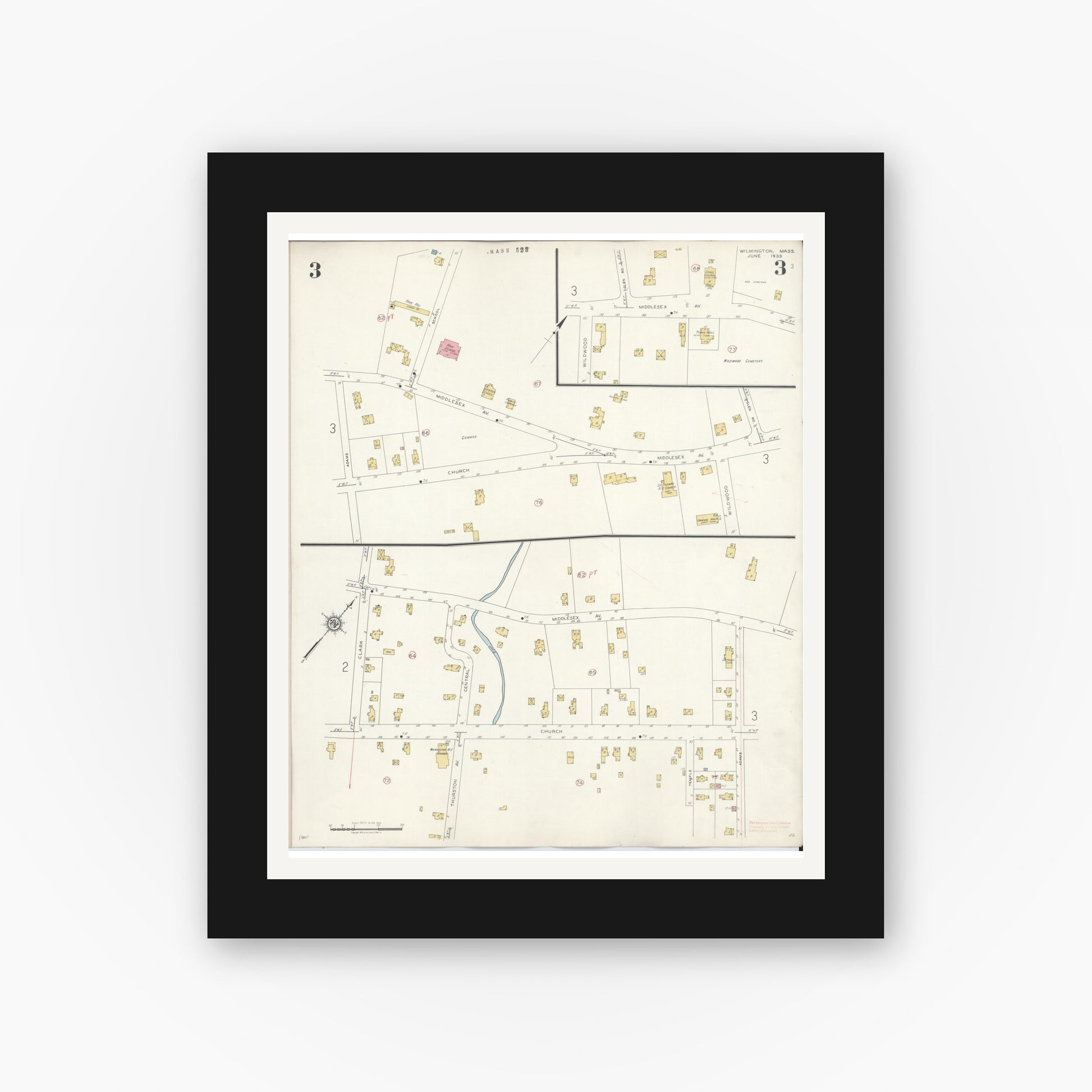 Old map wall art mockup — black gallery frame with white mat — Sanborn Fire Insurance Map from Wilmington, Middlesex County, Massachusetts (1933), Sheet #0003