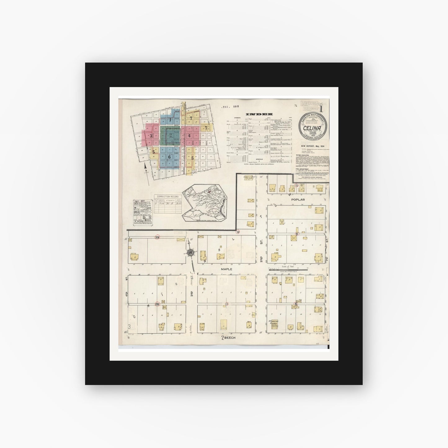 Old map wall art mockup — black gallery frame with white mat — Sanborn Fire Insurance Map from Celina, Collin County, Texas (1944), Sheet #0001